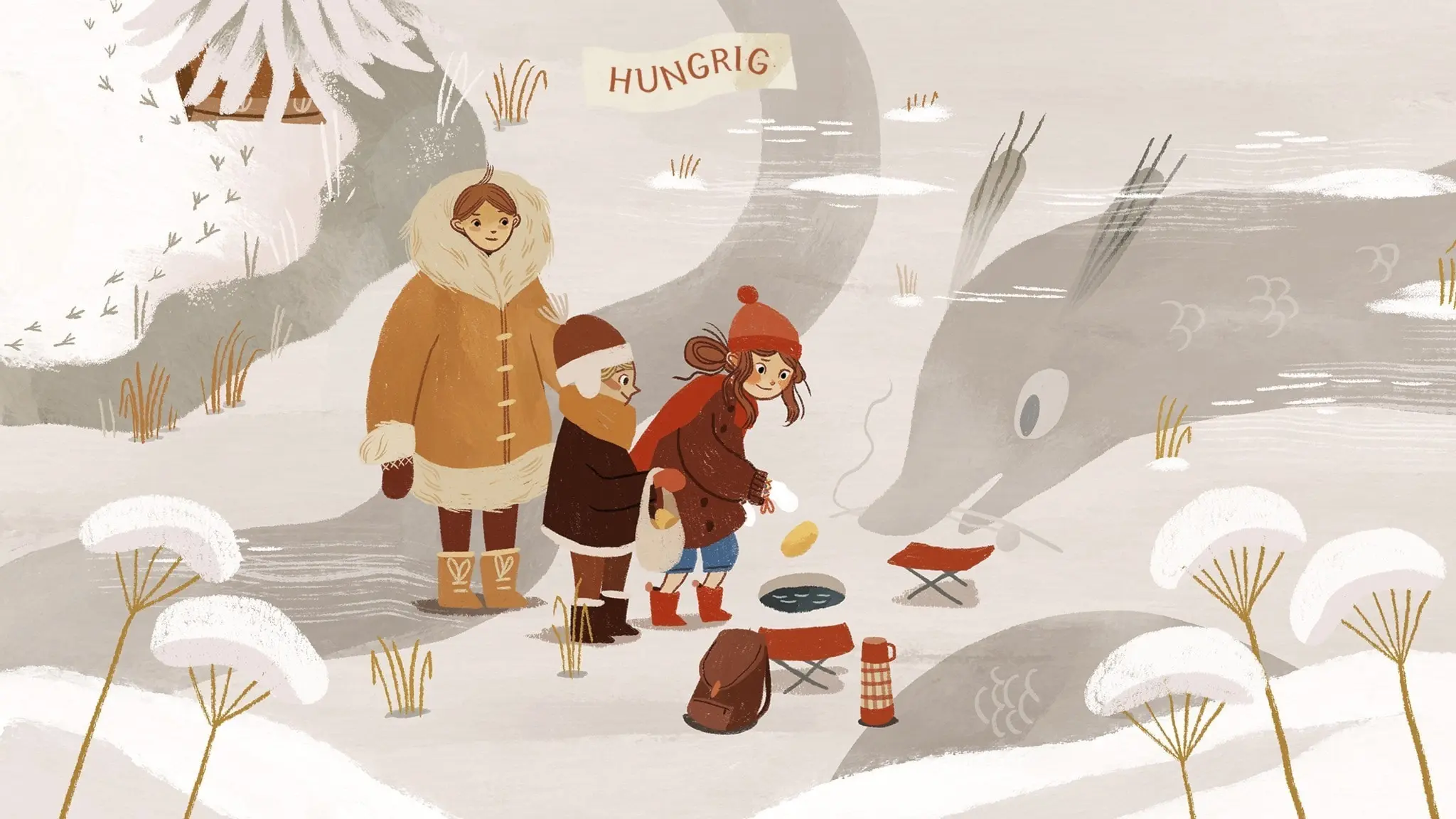 Vilma och resväskan är på en frusen sjö i Tornedalen. Där har de träffat Rune och Mona som pimplar efter fisk på isen. Under isen syns skuggan av en stor hungrig vattenorm, som är på väg mot hålet i isen. Vattenormen har pimpelspöet i munnen. Vilma släpper ner Kangos-kakor genom hålet. Illustration: Cecilia Heikkilä