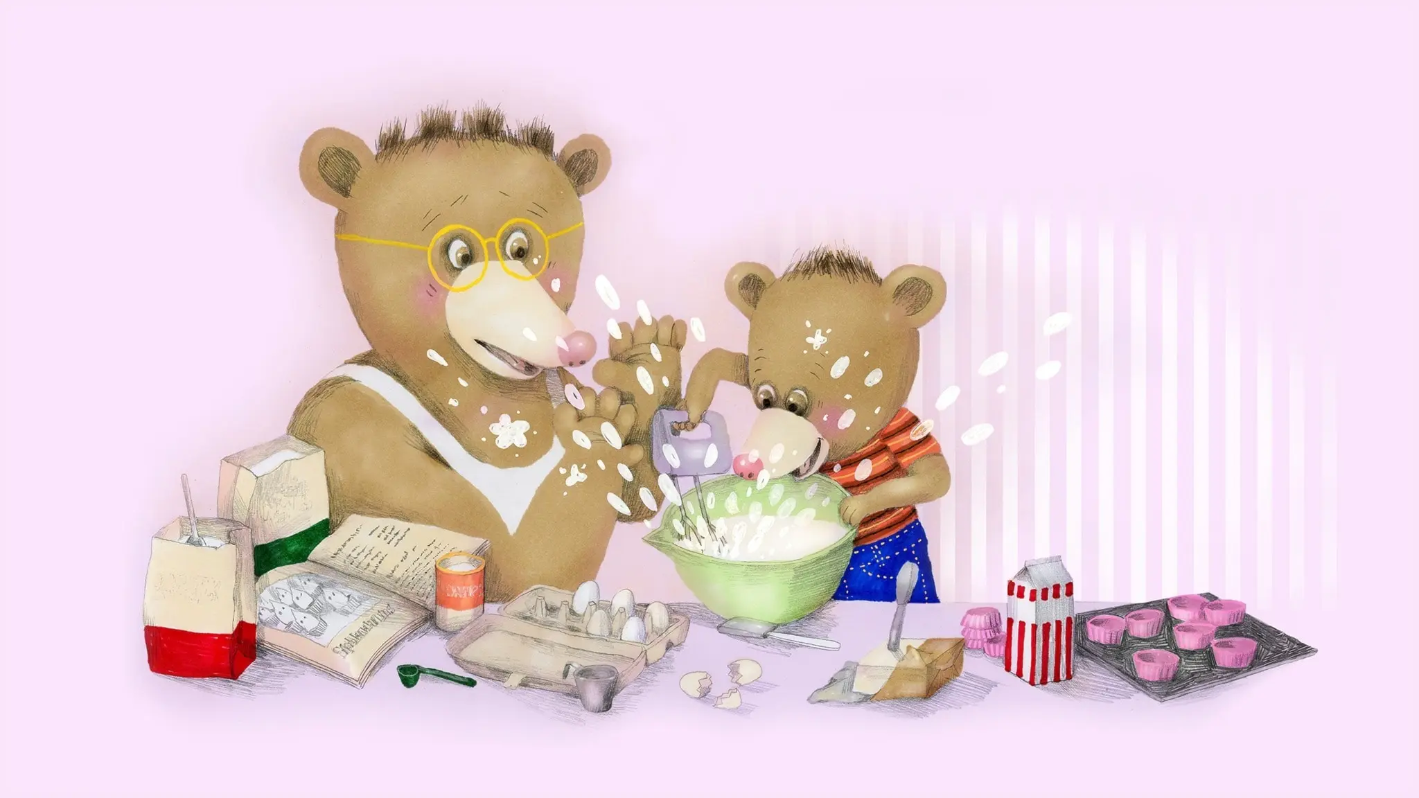 Nalle och pappa ska baka muffins, de har plockat fram alla ingredienser på köksbänken. Nalle kör med elvispen så det skvätter åt alla håll. Illustration: Lotta Geffenblad