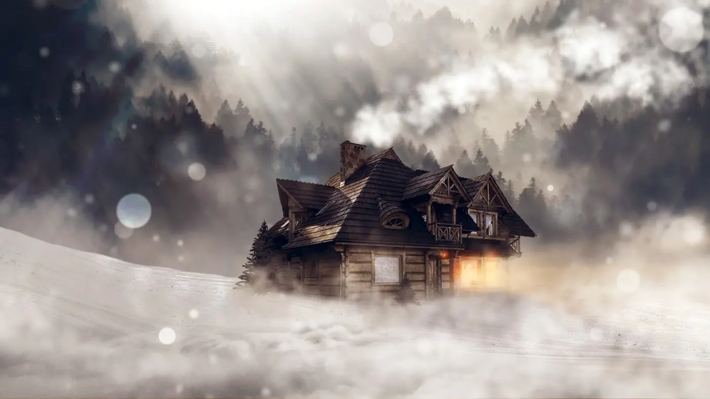 Stuga i snöstorm. Bild: Pixabay