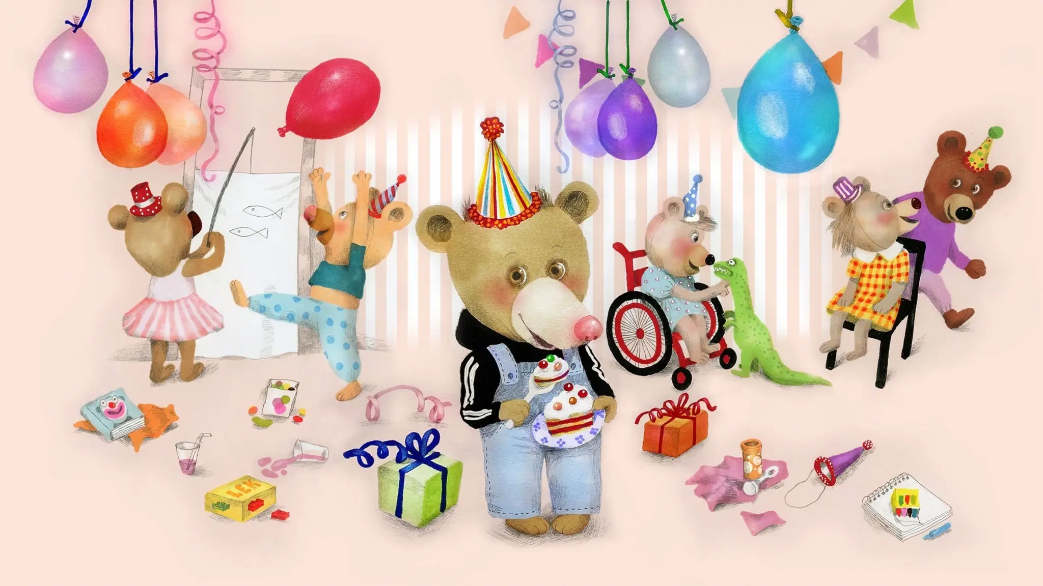 Nalle har kalas och det är full fart, fem björnkompisar leker och har roligt. Illustration: Lotta Geffenblad