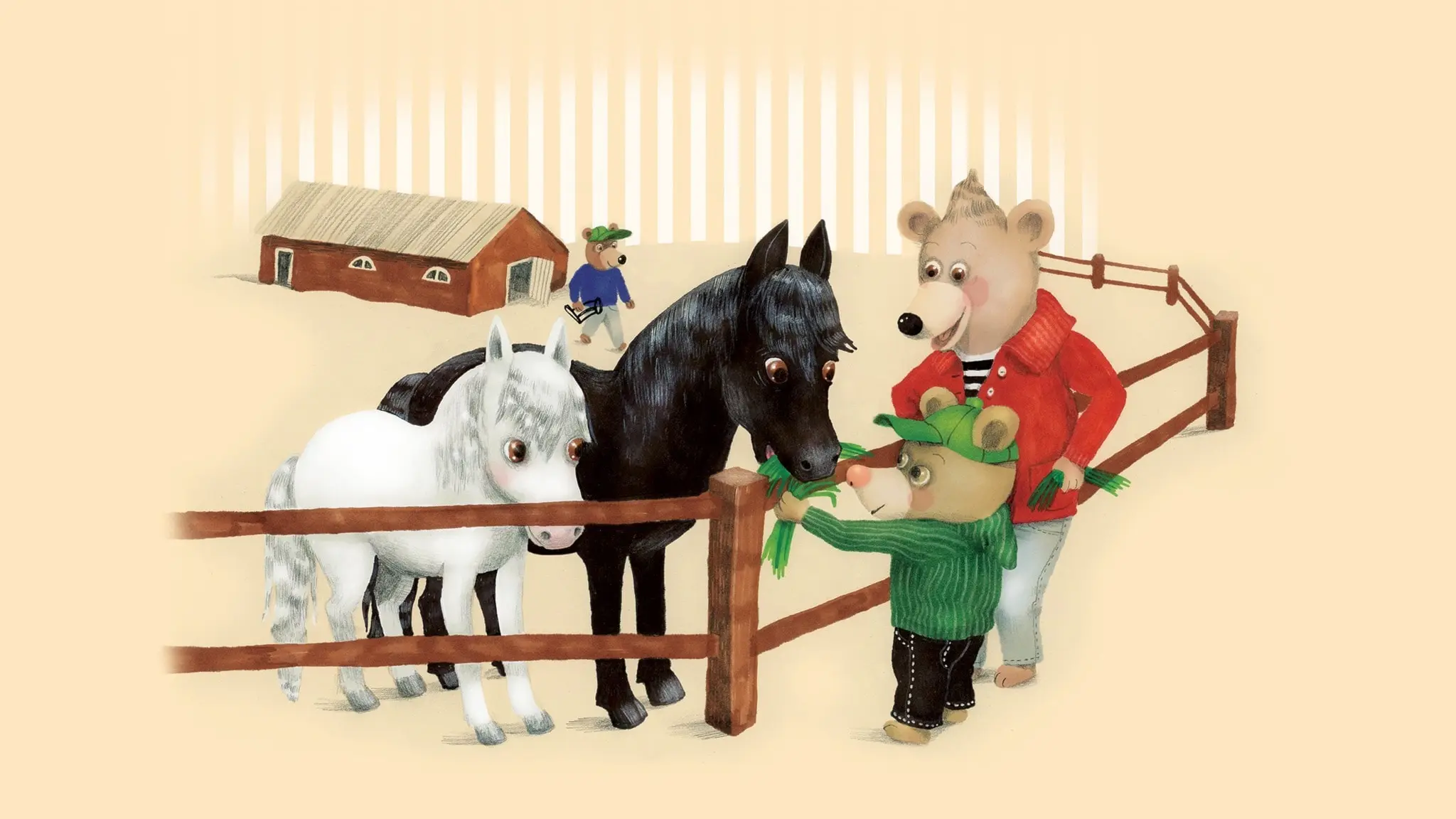 Nalle, och mormor är vid en hästhage och matar hästarna med gräs. Det finns en stor svart häst, och en liten vit häst. I bakgrunden syns stallet. Illustration: Lotta Geffenblad