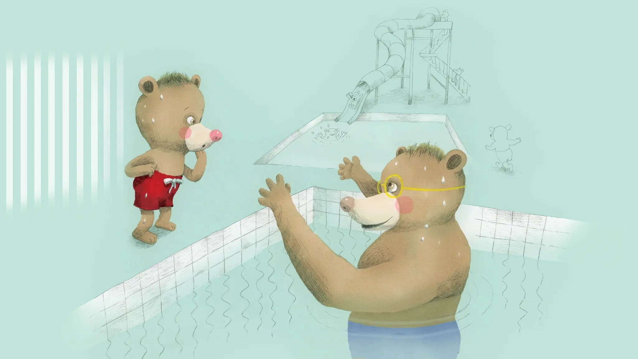 Nalle och pappa är i simhallen, Nalle står på kanten till bassängen och pappa är i vattnet. Illustration: Lotta Geffenblad