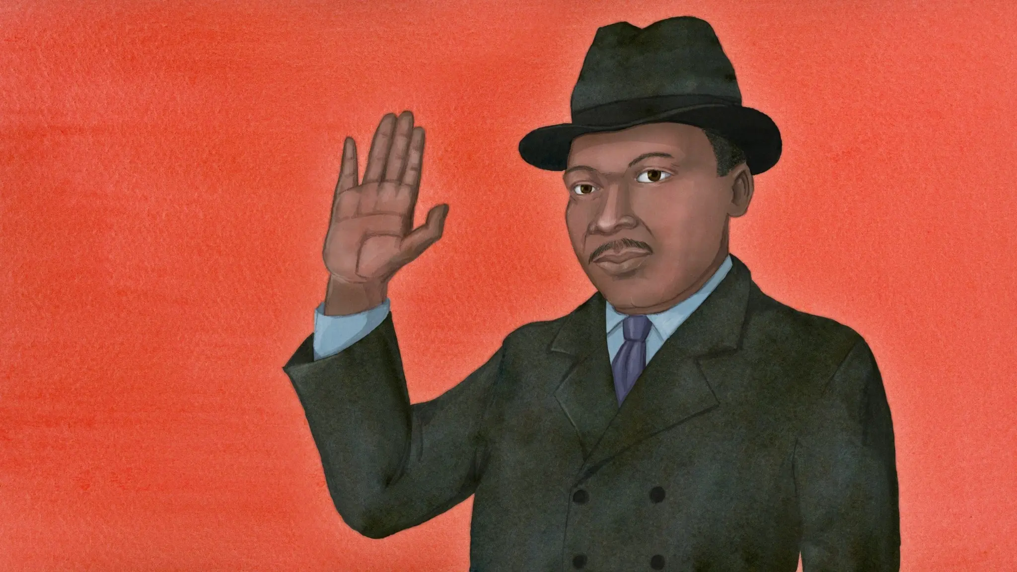 I teckningen ser vi Martin Luther King med mörk kostym och hatt, höger hand höjd som vid en ed. Bakgrunden är röd.
Illustration: Charlotte Heyman