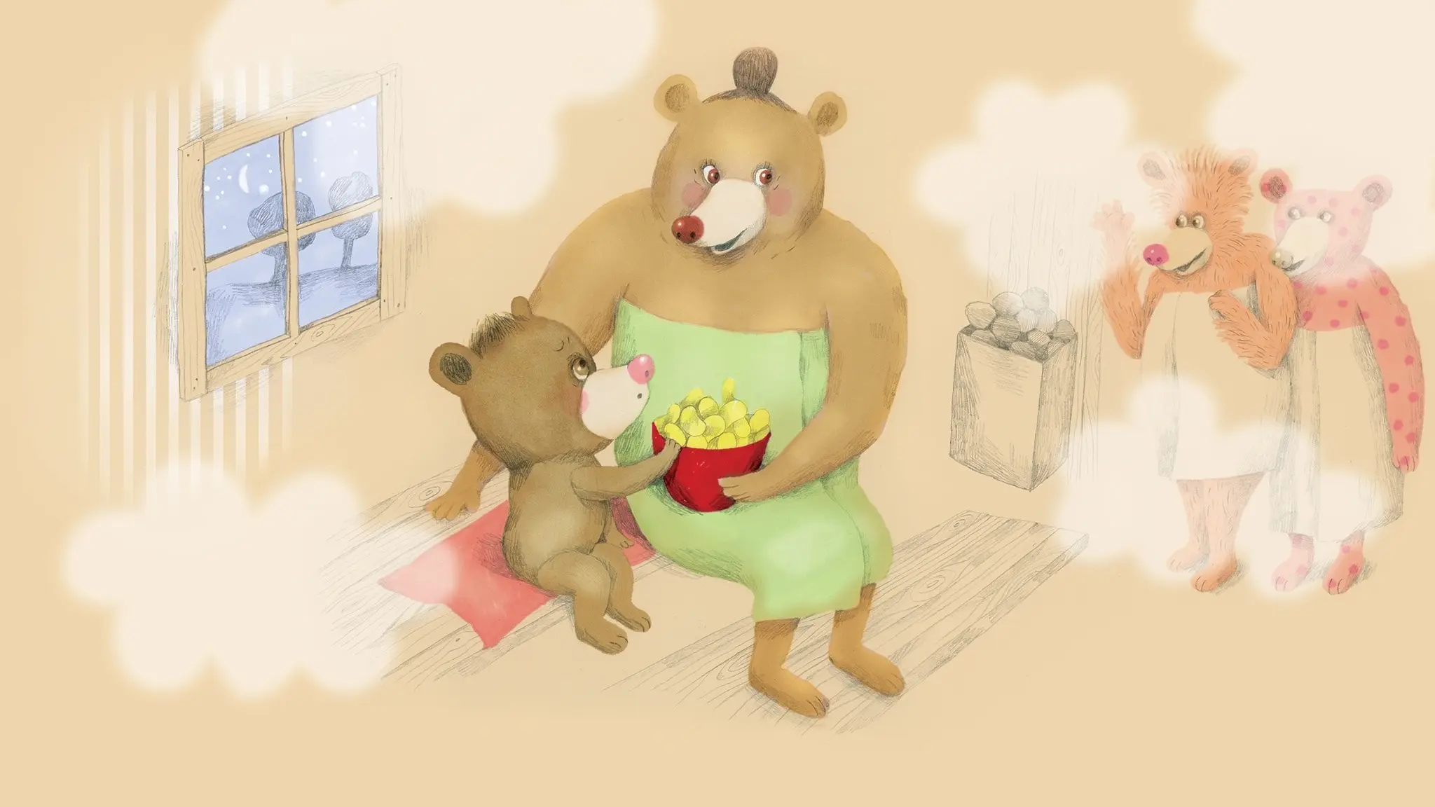 Nalle och farmor sitter i bastun med en skål chips när farmors kompisar kommer in. Illustration: Lotta Geffenblad