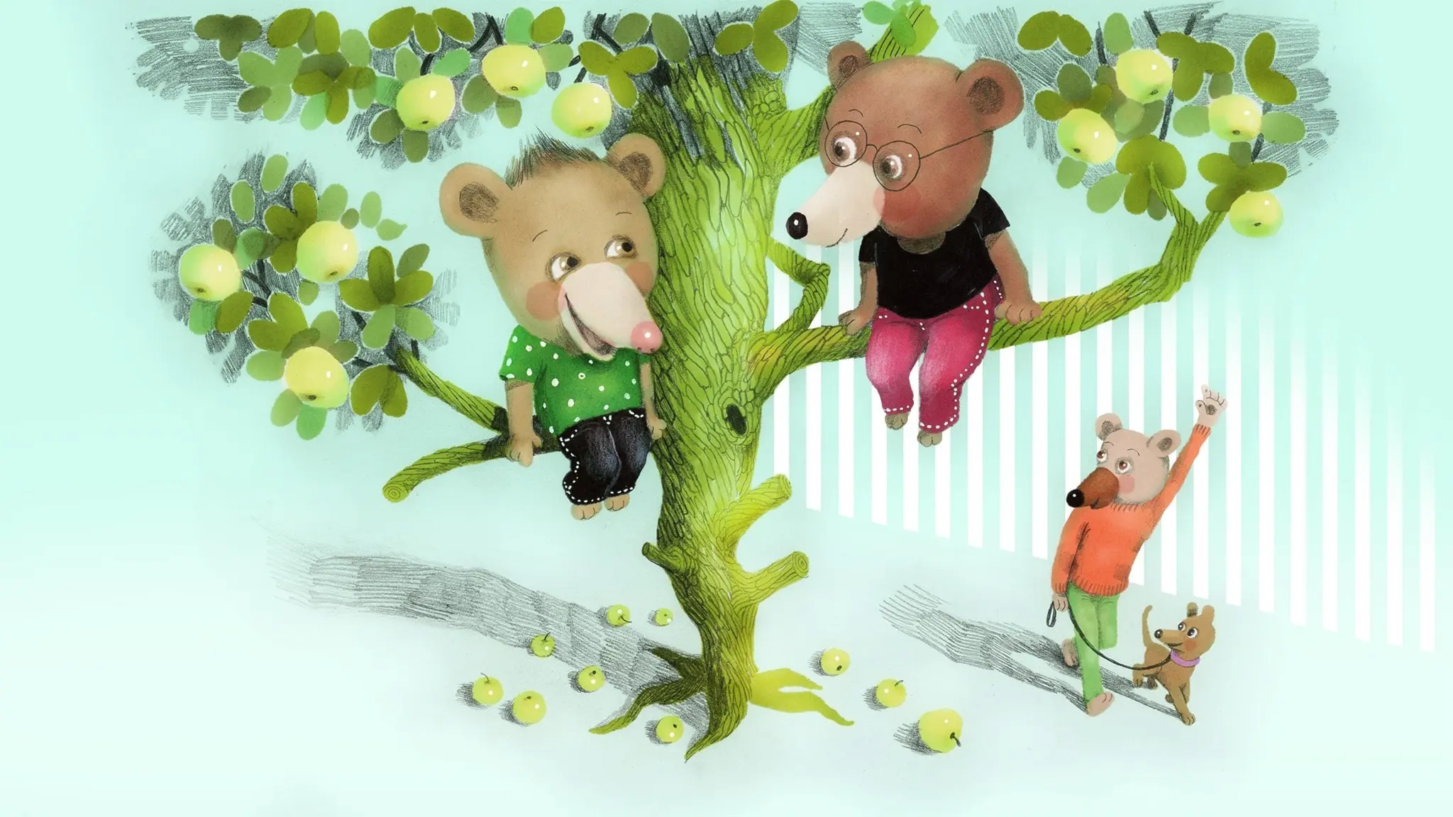 Nalle och Bästis har klättrat upp i ett äppelträd. Det är ett jättebra klätterträd. Men hur kommer man ner? Illustration: Lotta Geffenblad