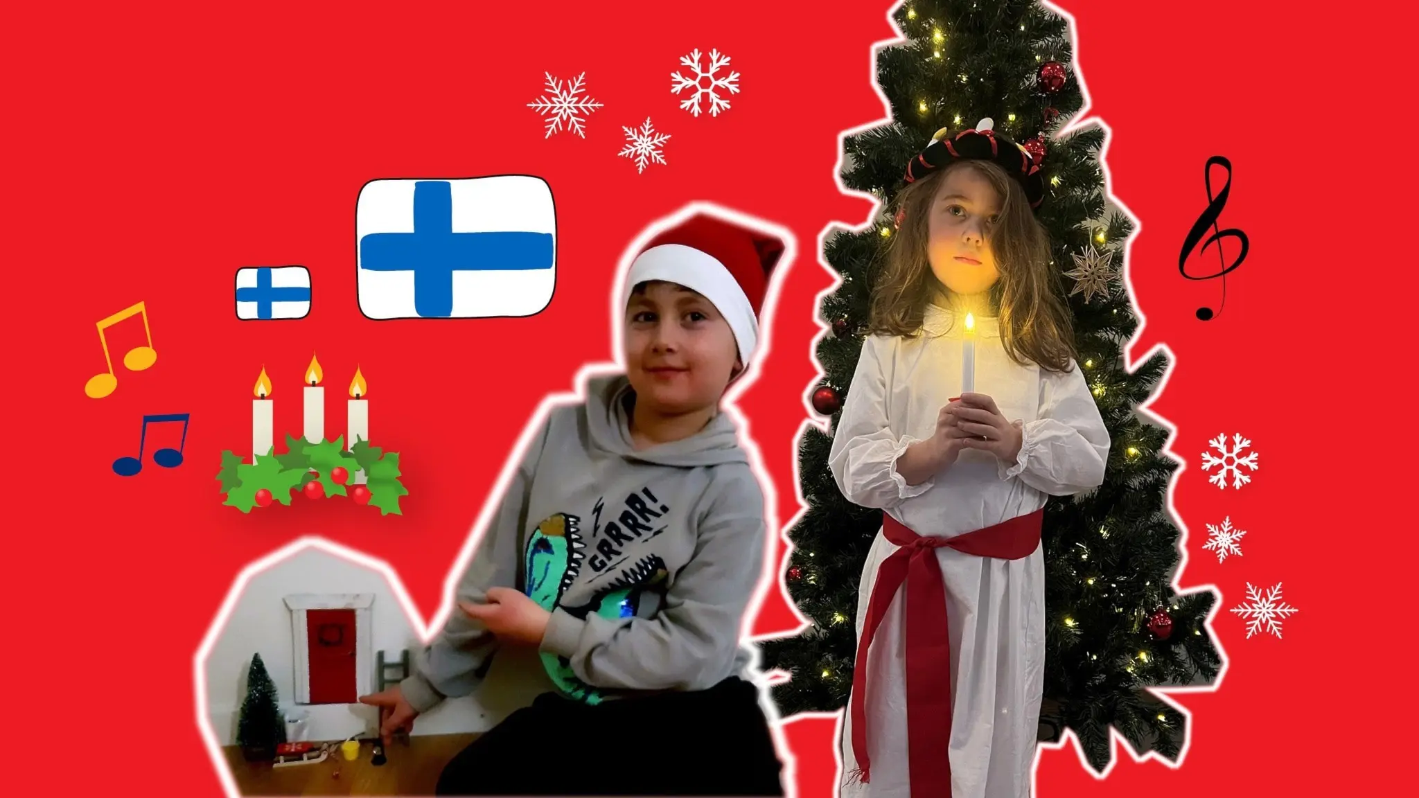 Kuvakollaasi, jossa on valokuvia ja piirroskuvia. Valokuvissa lapsi tonttulakissa sekä lapsi kuusen edessä Lucia-asussa. Piirroksissa esim. Suomen lippuja, lumihiutaleita ja nuotteja