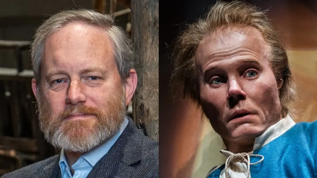 Collage av två porträttbilder, till vänster Fred Hocker, forskningsledare på Vasamuseet, till höger ”Helge”, en naturtrogen skulptur av en av de människor som dog på Vasa och vars skelett hittades vid en kanon på batteridäck. ”Helge” är en av de figurer vi möter i nya utställningen ”I liv och död” på museet, och som kunnat återskapas med hjälp av analyser av dna, skalle och ben, samt textilier. 