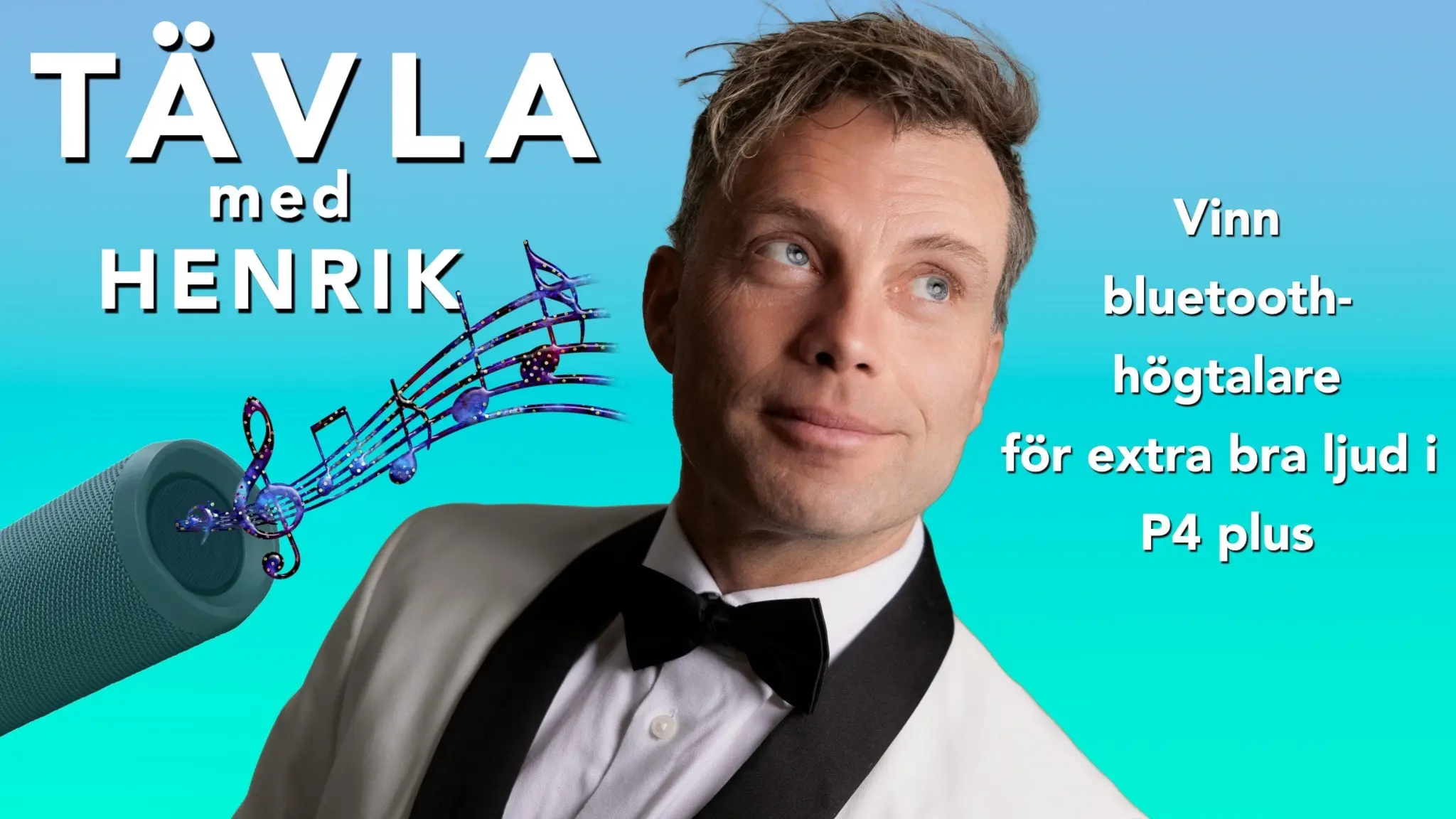 Henrik Olsson och bild på en högtalare med noter som kommer ur den. 