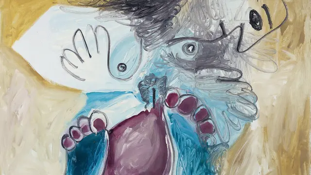 Abstrakt konstverk av Pablo Picasso, titeln är "Nu couché/Liggande nakenmodell". Målningen i dämpade färger visar en stiliserad kropp med fokus på former och färgspel som skapar rörelse.