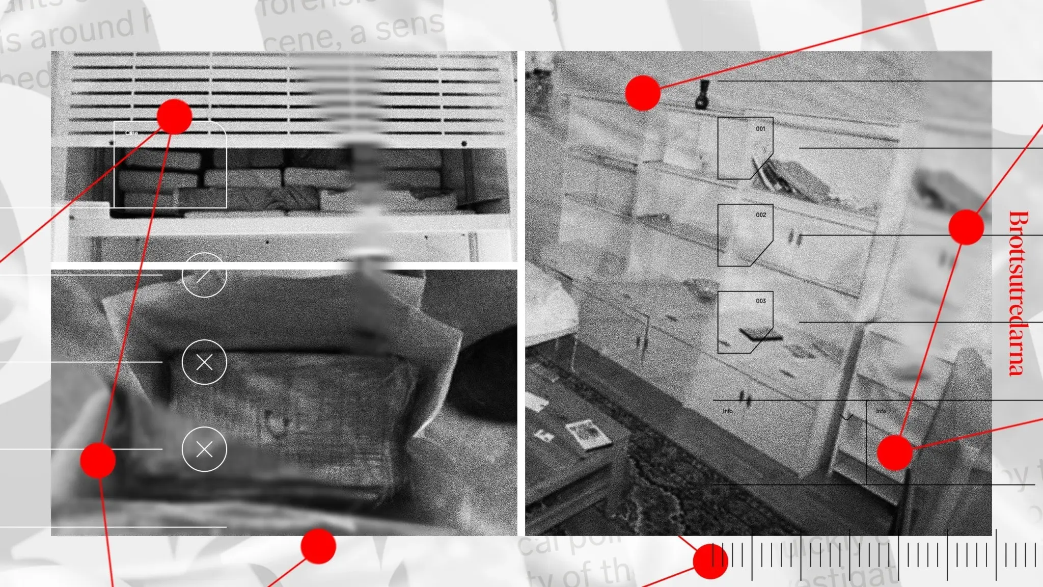 Ett kollage med flera svartvita bilder. Kokain i högar, inplastade. Till höger två hyllor och en del av ett bord i en lägenhet.