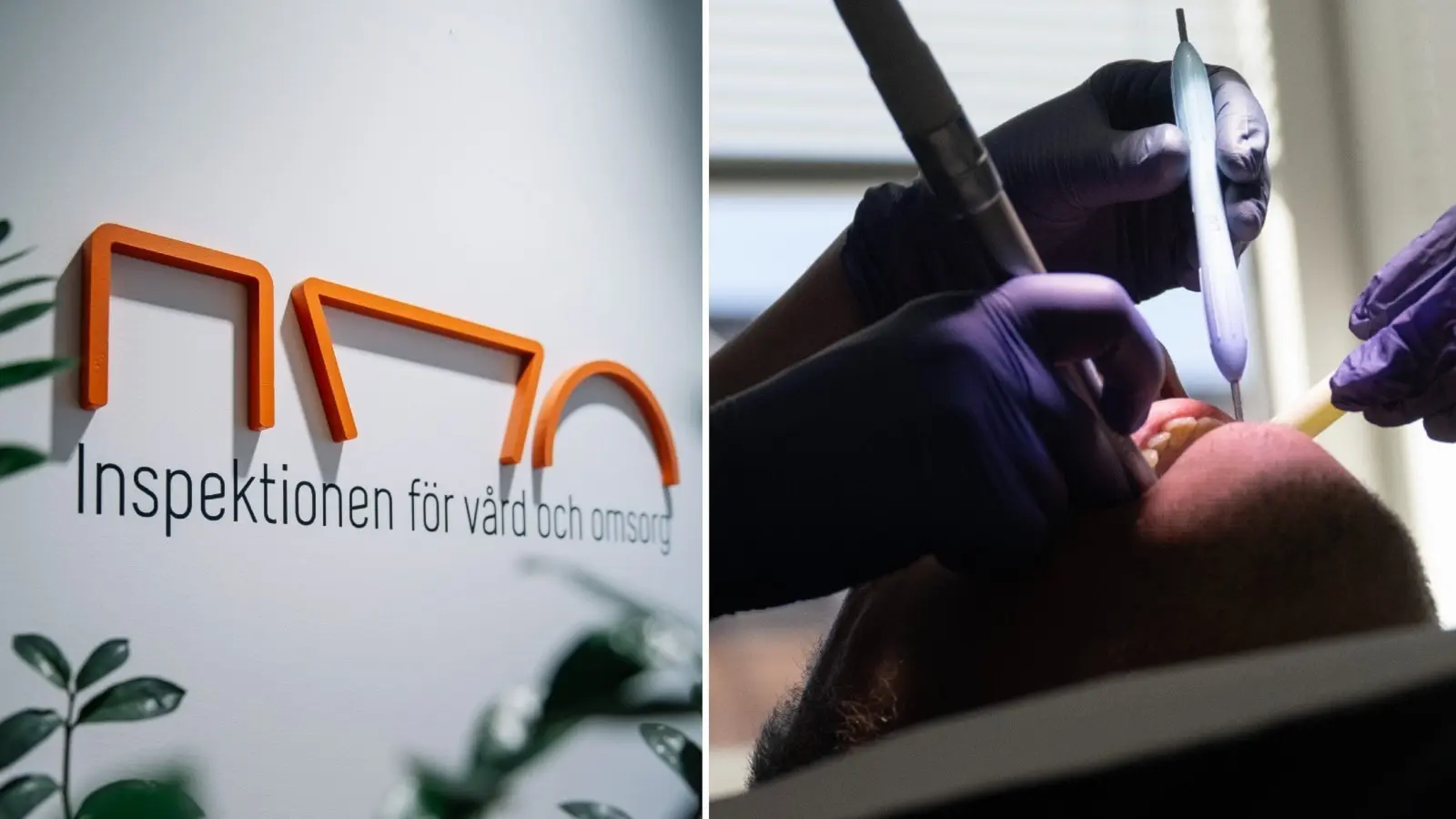 Bild på Inspektionen för vård och omsorgs logga och bild på person som sitter i en tandläkarstol. 