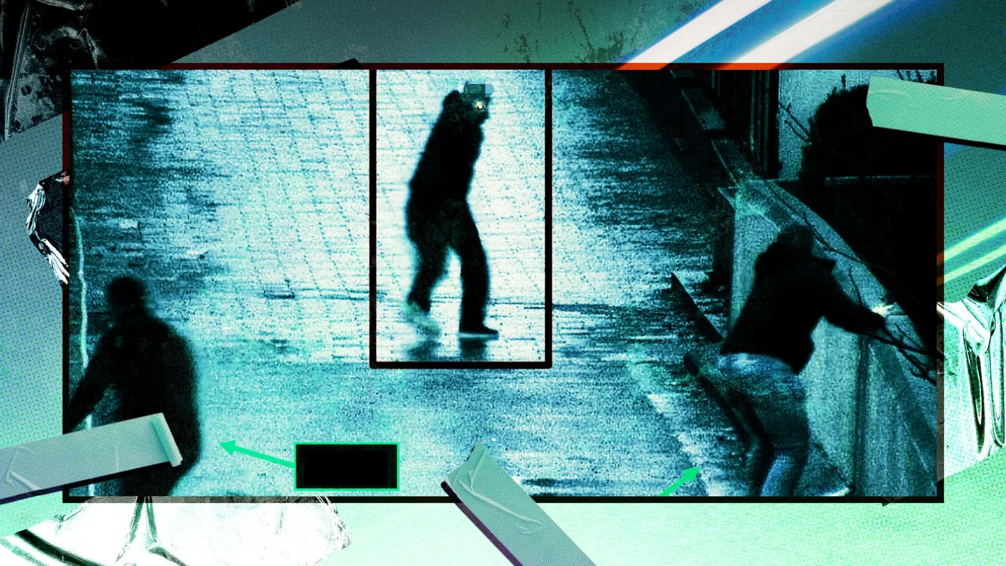 Stillbild från övervakningskamera som visar svartklädd man med pistol som avfyras, till vänster och höger i bild två andra män som hukar. 