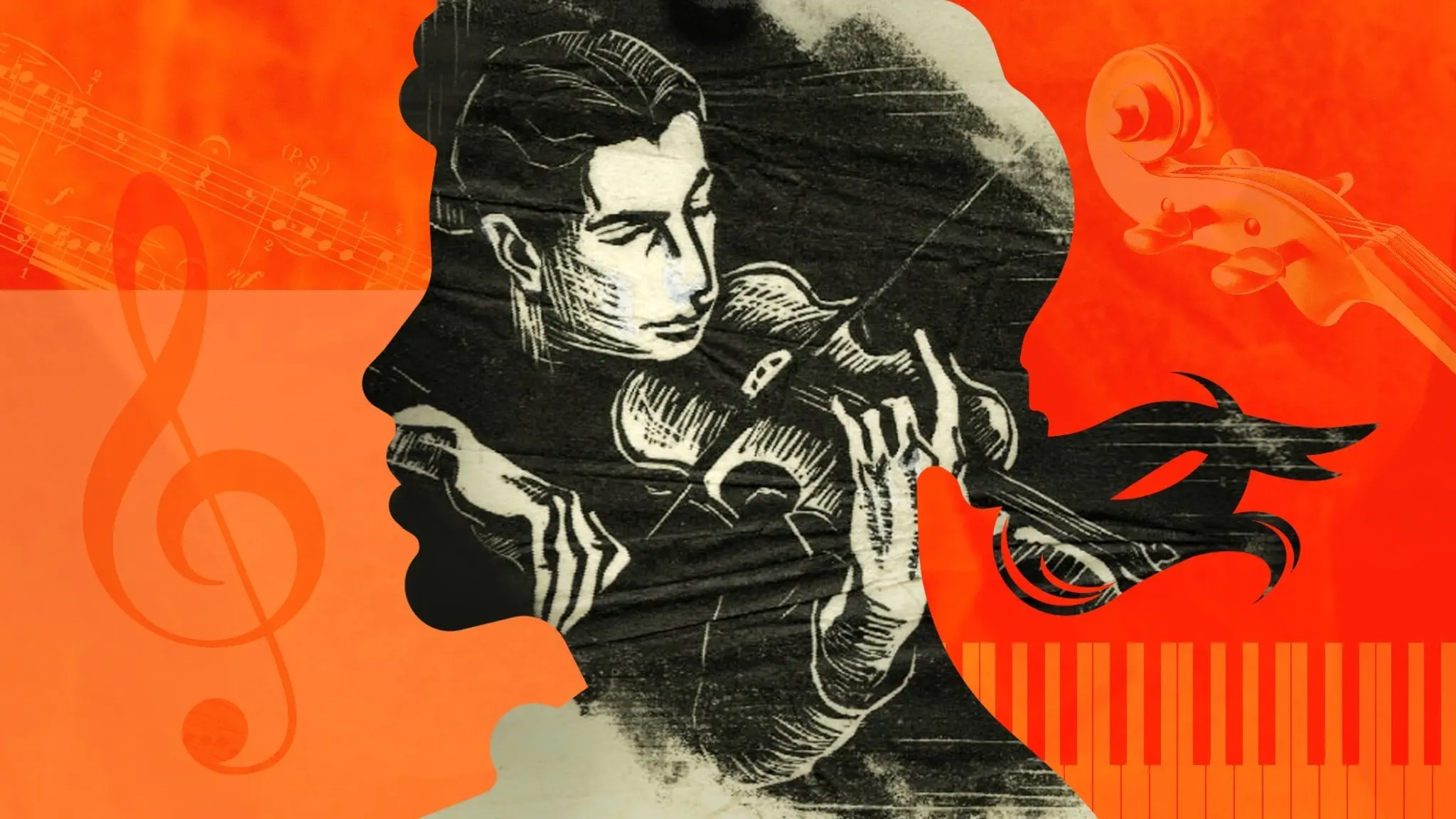 Ett träsnitt föreställande violinisten Roman Totenberg som spelar fiol.