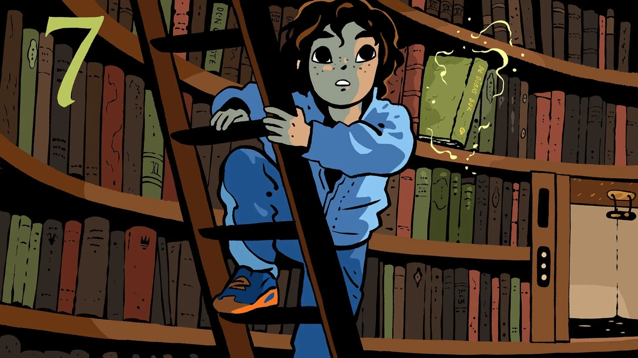 Illustrerad avsnittsbild till Julkalendern 2025: Spökjul på Dimmeborg, del 7. Sam är i ett stort bibliotek och klättrar på en stege som står mot en stor bokhylla. Bakom honom är en bok på väg att åka ut från hyllan, som av en osynlig kraft.