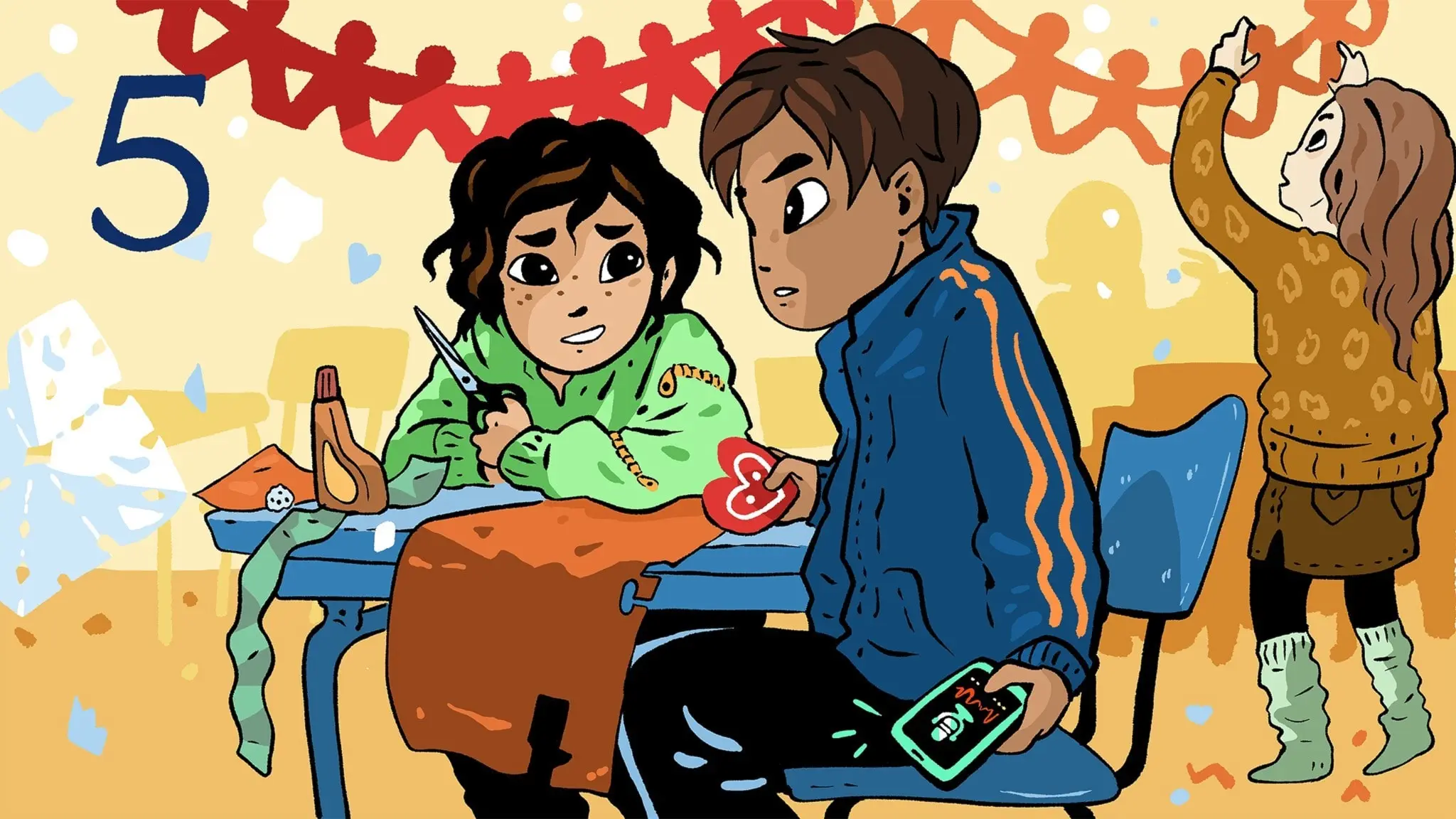 Illustrerad avsnittsbild till Julkalendern 2025: Spökjul på Dimmeborg, del 5. Sam är i ett klassrum och pratar julpysslar tillsammans med en klasskompis. Klasskompisen håller sin mobil gömd från Sam och verkar spela in med den. 