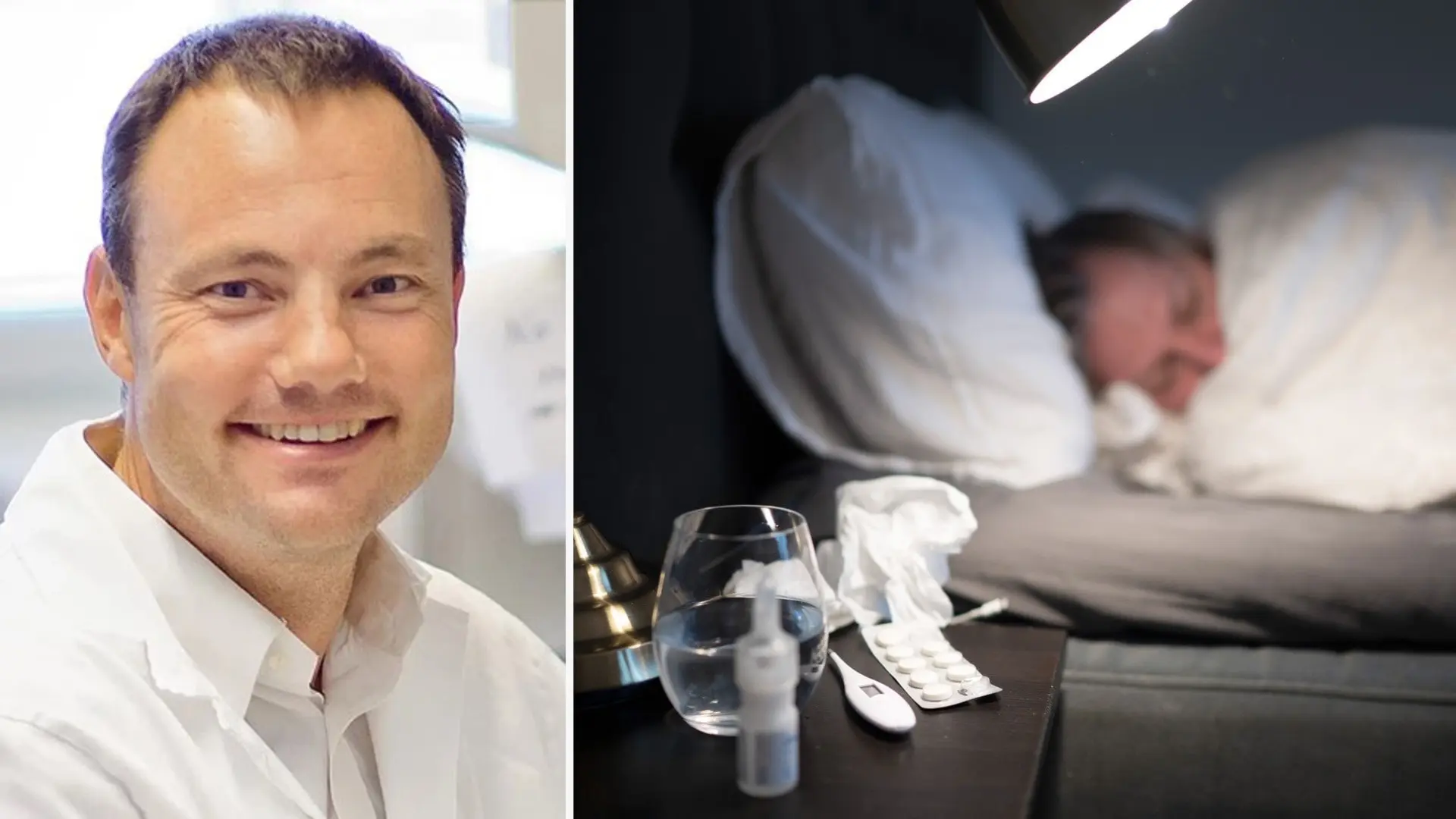 Niklas Arnberg, professor i virologi, i laboratoriemiljö samt en närbild av en säng med medicinsk utrustning och tabletter på nattduksbordet, belysande hälsa och sjukvård.