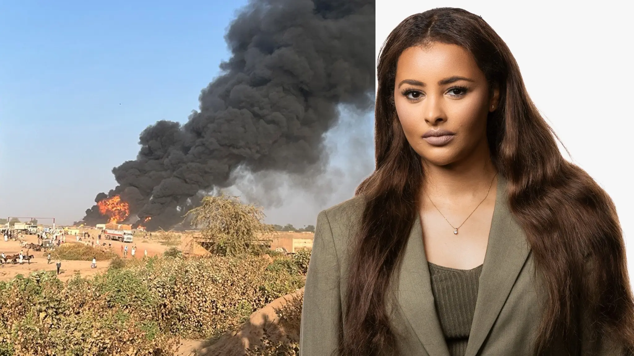 En bild med två delar: till vänster ett stort svart rökmoln stiger från en brand på ett fält med buskar, till höger en kvinna i kavaj med långt brunt hår visas mot vit bakgrund.