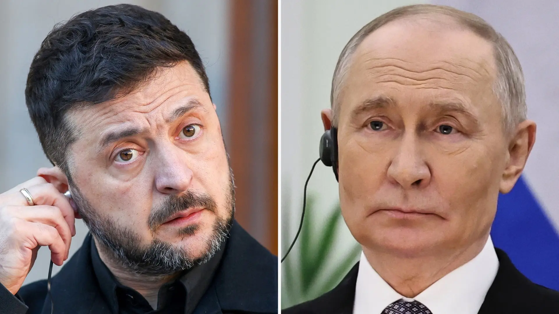 Bildmontage med två separata porträtt, till vänster Volodymyr Zelenskyj med mörkt hår och kostym, till höger Vladimir Putin i kostym med hörlurar och rysk flagga i bakgrunden.