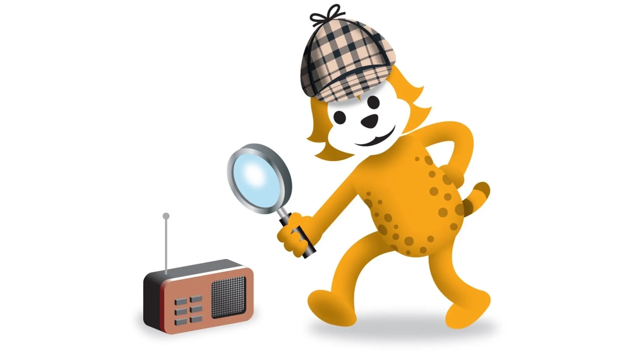 Radioapans kompis Tassa håller i ett förstoringsglas och kikar mot en radioapparat.