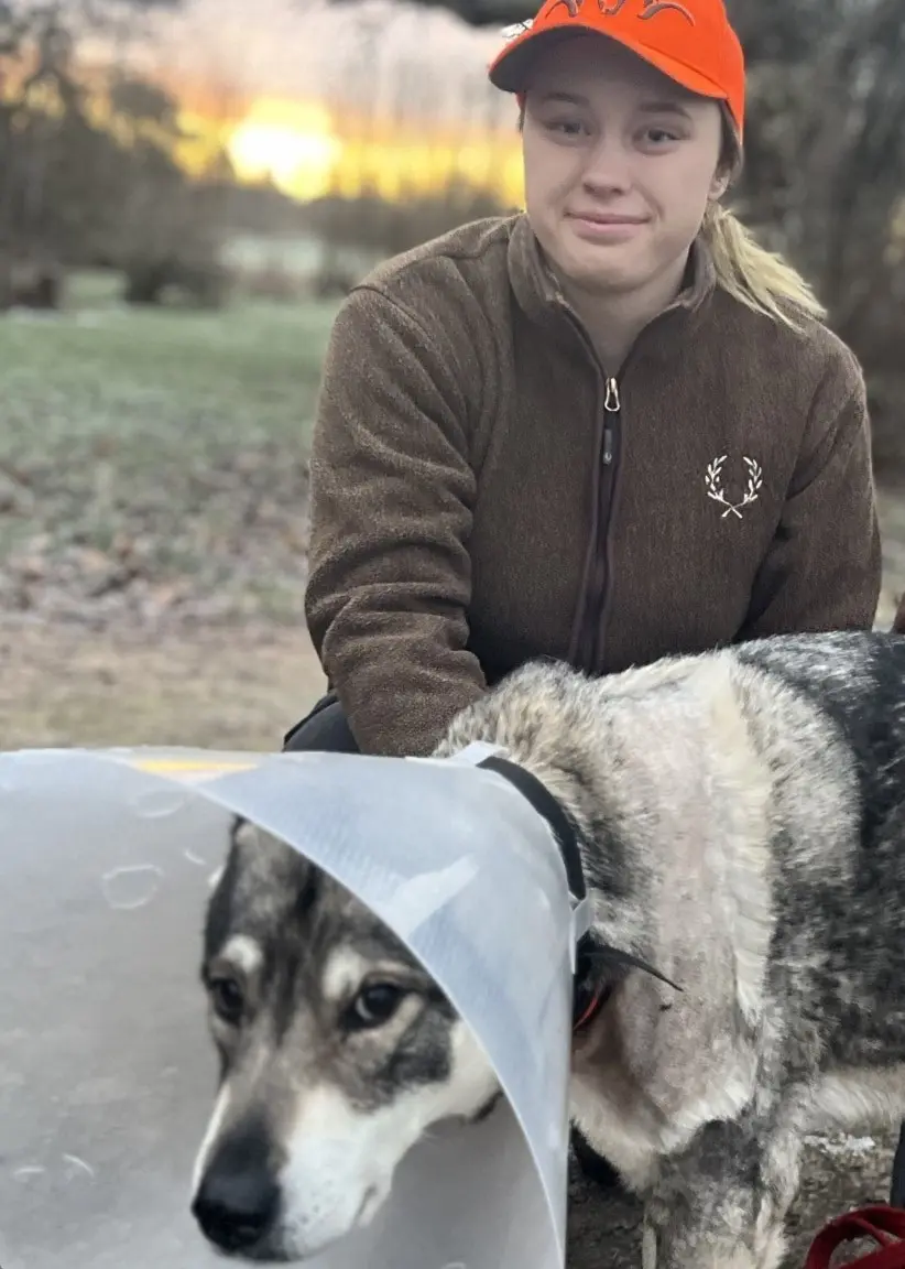 En person sitter på knä bakom en hund med en skyddskrage utomhus på en gård. Hunden är grå med vita inslag.
