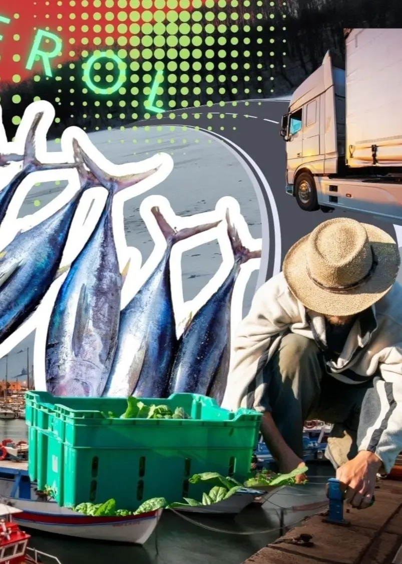 Konstnärligt collage i starka färger, bland annat båtar i en hamn, en person som står och fiskar, en hand med en mikrofon och en Läkerolskylt.