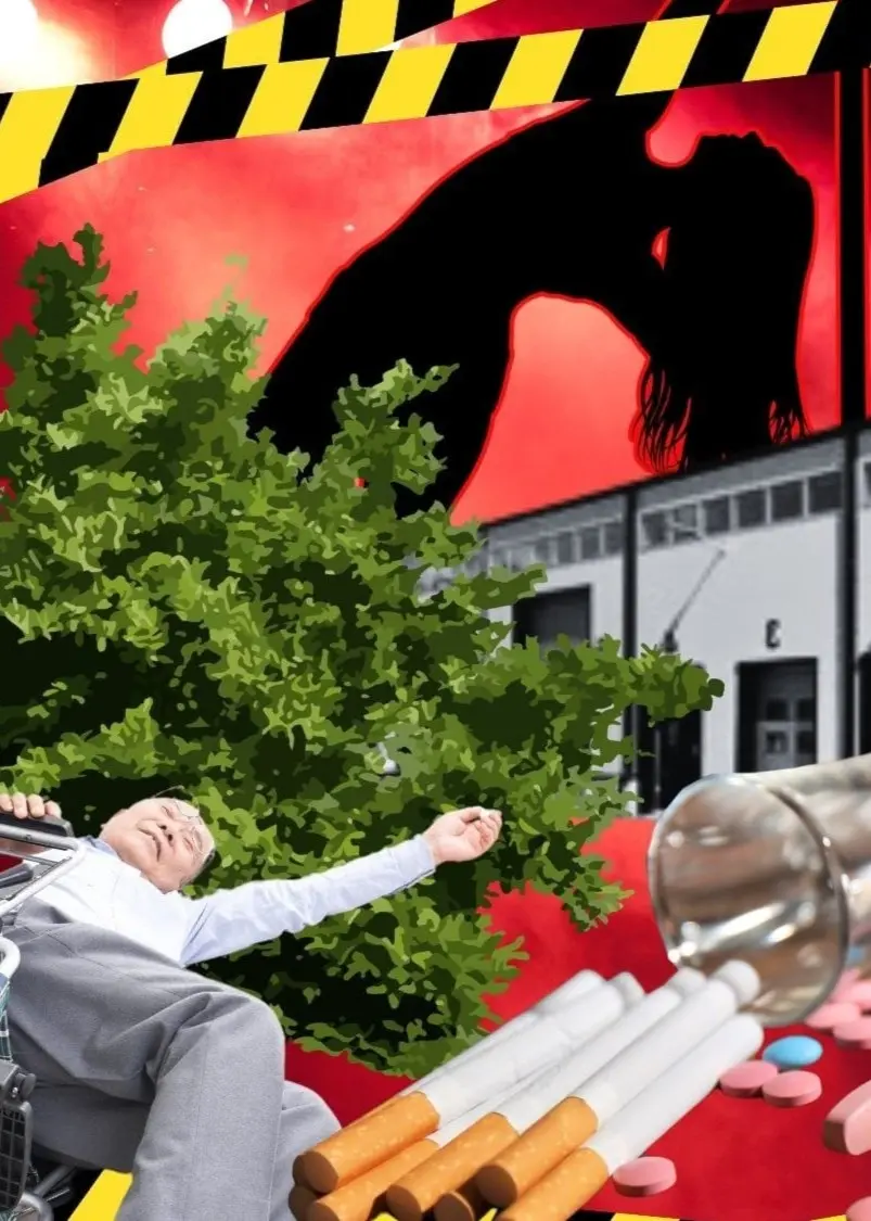 Konstnärligt färgstarkt collage bl a me en industrilokal, cigaretter , rosa och blå tabletter, en polisbil och avspärrningsband.