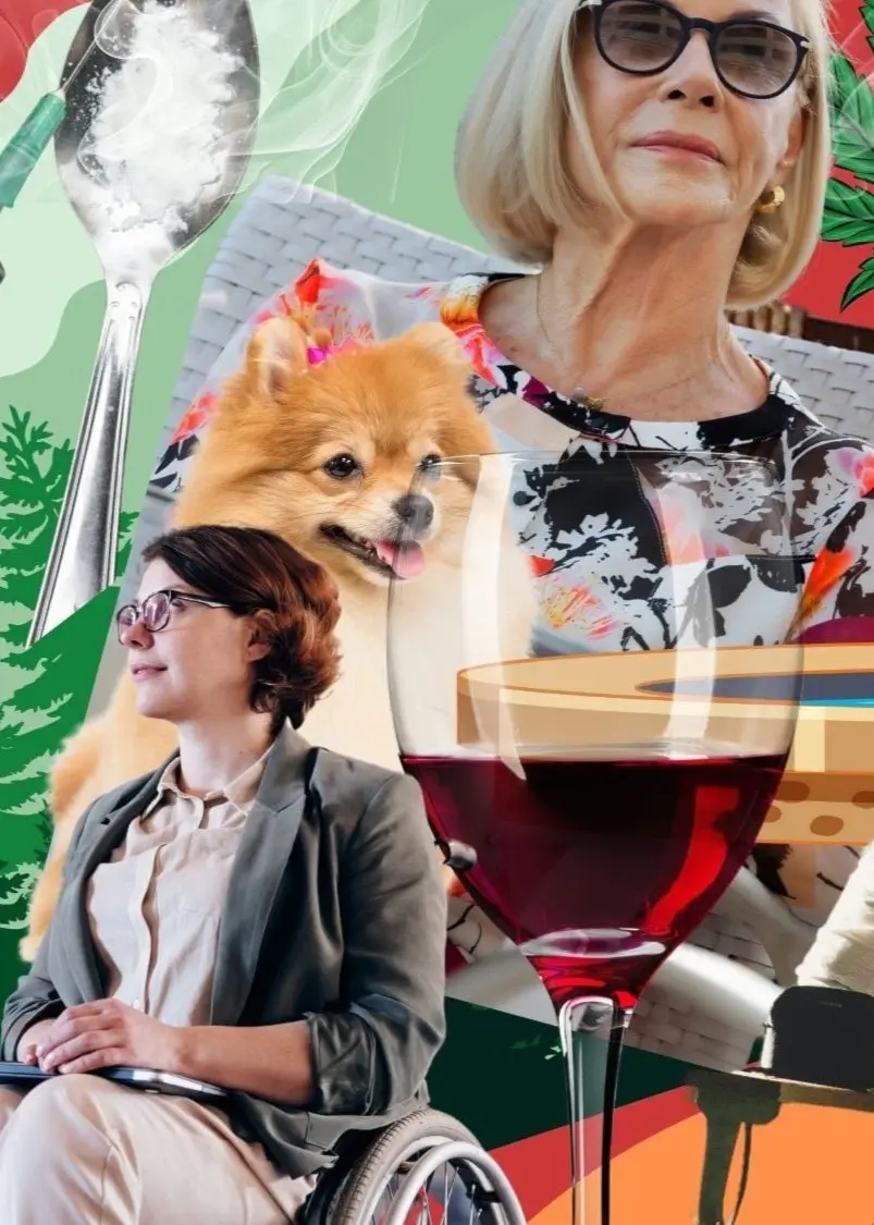 Kollage i starka färger med bl a hund, fontän, vinna i rullstol, ett vinglas.