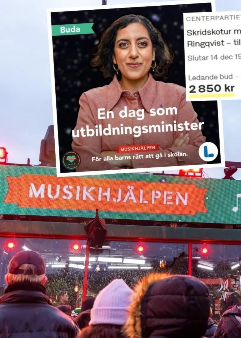 Publik samlad framför en scen med Musikhjälpen-logga. Flera bilder är inklippta över det som visar annonser från webben där politiker autionerar ut olika priser.