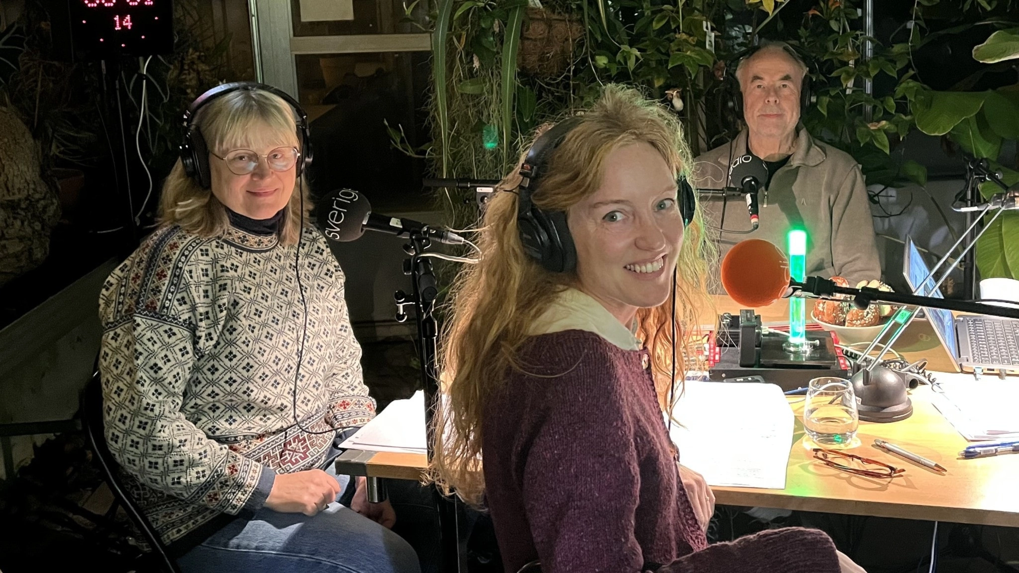 Naturpanelen med Susanne Åkesson, Sofie Olofsson, Mikael Sörensson och programledaren Joacim Lindwall sitter runt ett bord omgivet av grönskande växter i en studio. Mikrofoner och belysning syns.