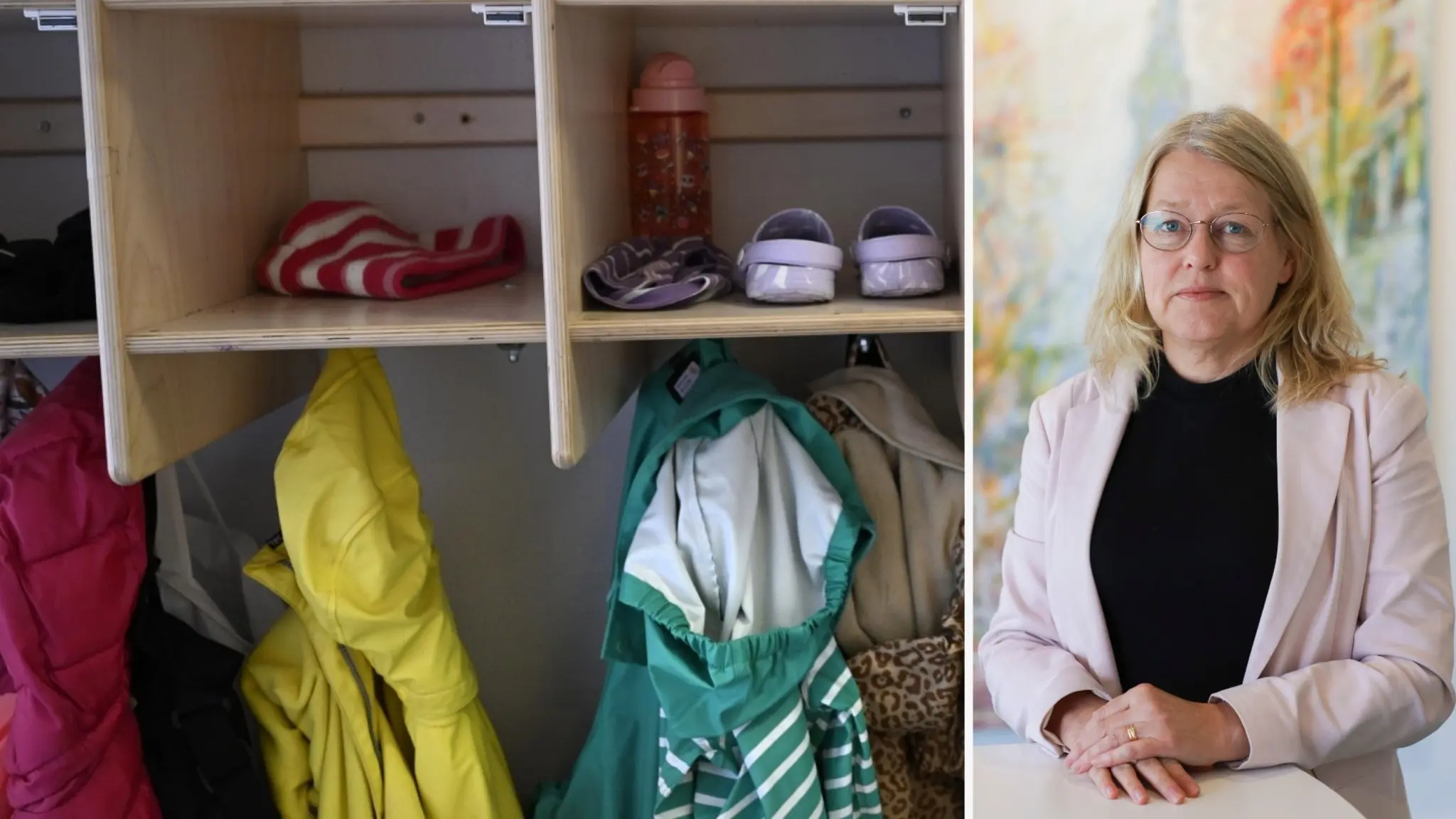 Therese Linnér, chef för barn- och utbildningsförvaltningen i Ljungby, står vid ett bord. Till vänster syns barnkläder och skor i förvaringsfack, symboliskt för skolverksamhet. Efter den skarpa kritik som kommit fram om en förskola i Ljungby kommun har ledningen för barn- och utbildningsförvaltningen nu fullt upp med att reda i det som kommit fram.