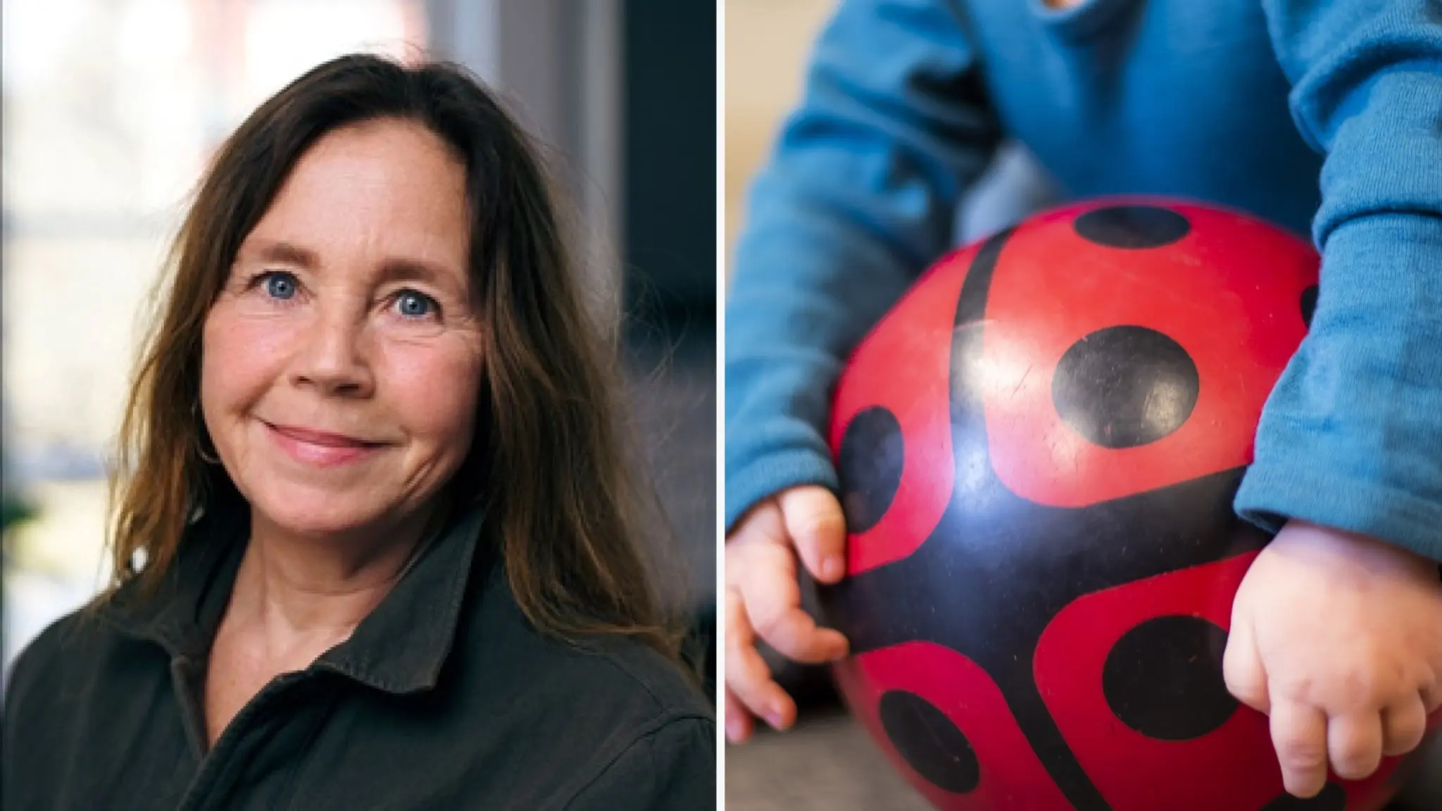 Till vänster: Malin Bergström med brunt hår och en svart skjorta. Till höger: Ett barn som håller i en röd boll med nyckelpigsmönster, symboliserande lek och gemenskap i förskolemiljö.