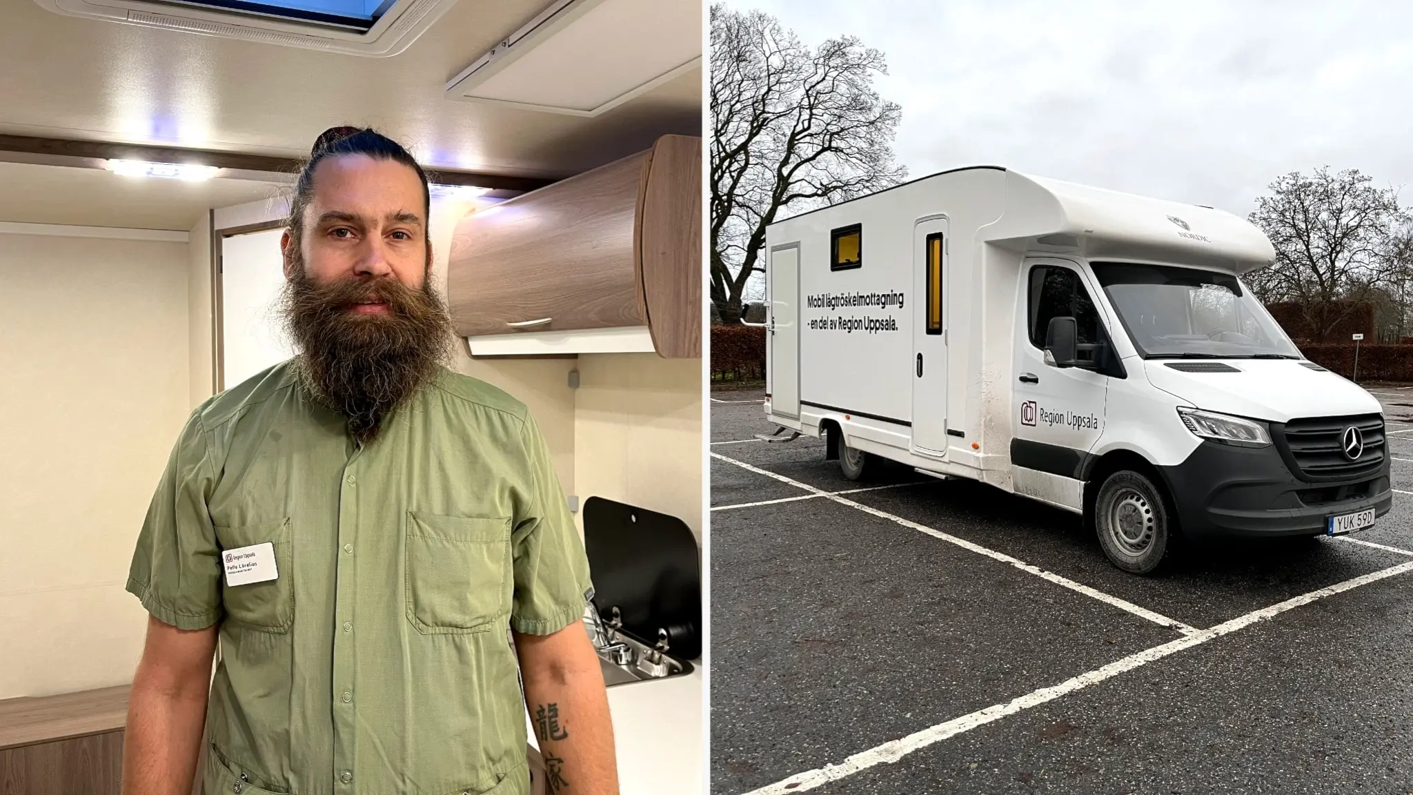 Pelle Lörelius står i en mobil lågtröskelmottagning i Enköping. Bredvid syns utsidan av mottagningen, en vit husbil parkerad på en asfalterad yta under molnig himmel.