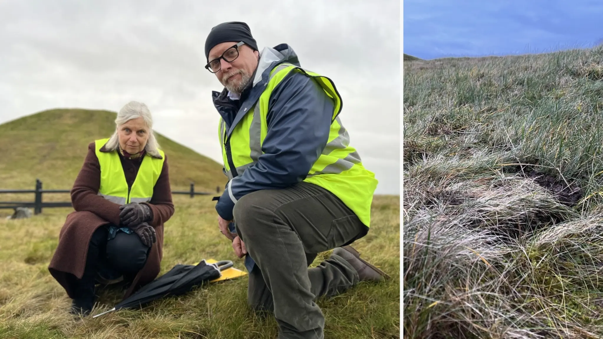 Två personer i reflexvästar undersöker en gräsklädd kulle, troligen en fornlämning. En av dem sitter på huk med utrustning på marken. Intill visas en närbild på gräs och jord.