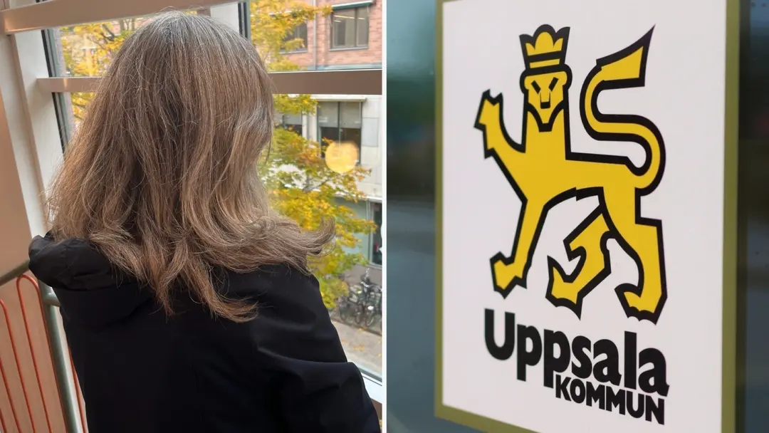 En person med långt hår står vid ett fönster och blickar ut mot höstlandskap. Till höger syns Uppsala kommuns logotyp med ett gult lejon på en vit bakgrund.