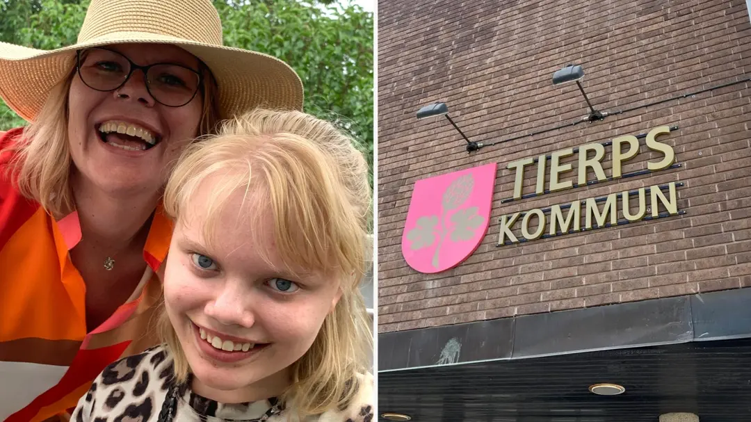 Bildmontage med Kristina och Ebba Nilsson, och en byggnad med Tierps kommuns logotyp. Fokus på skolskjutsfrågan i Tierps kommun.