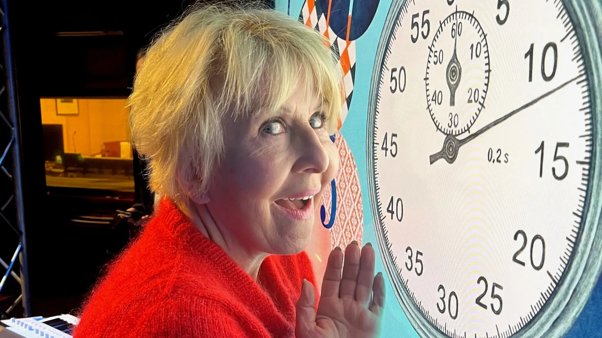 Pia Johansson vid inspelningen av På minuten 6 oktober 2025.