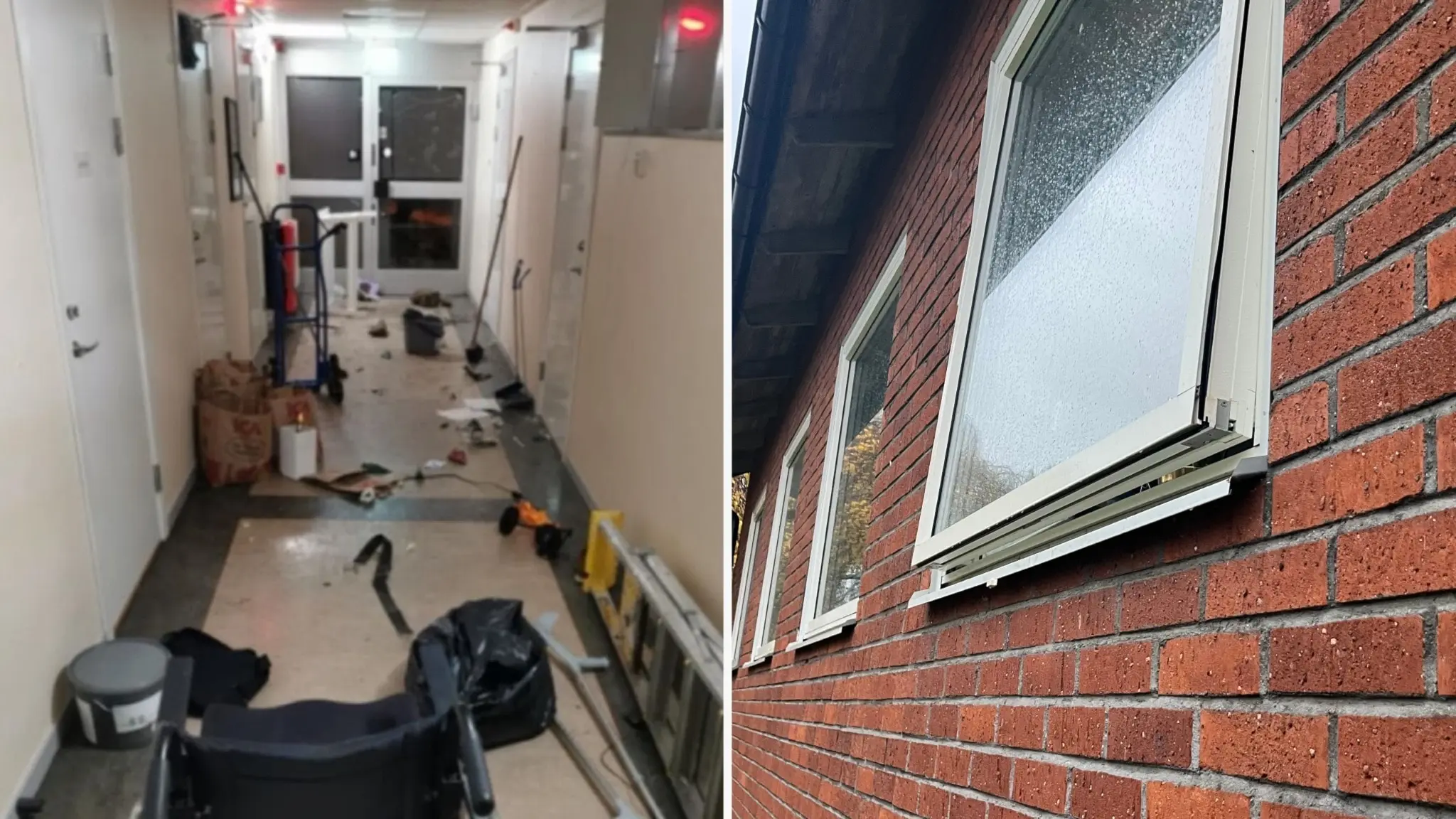 Bildkollage som visar en vandaliserad korridor med förstörda föremål och en närbild av en fasad med fönster på en tegelbyggnad.