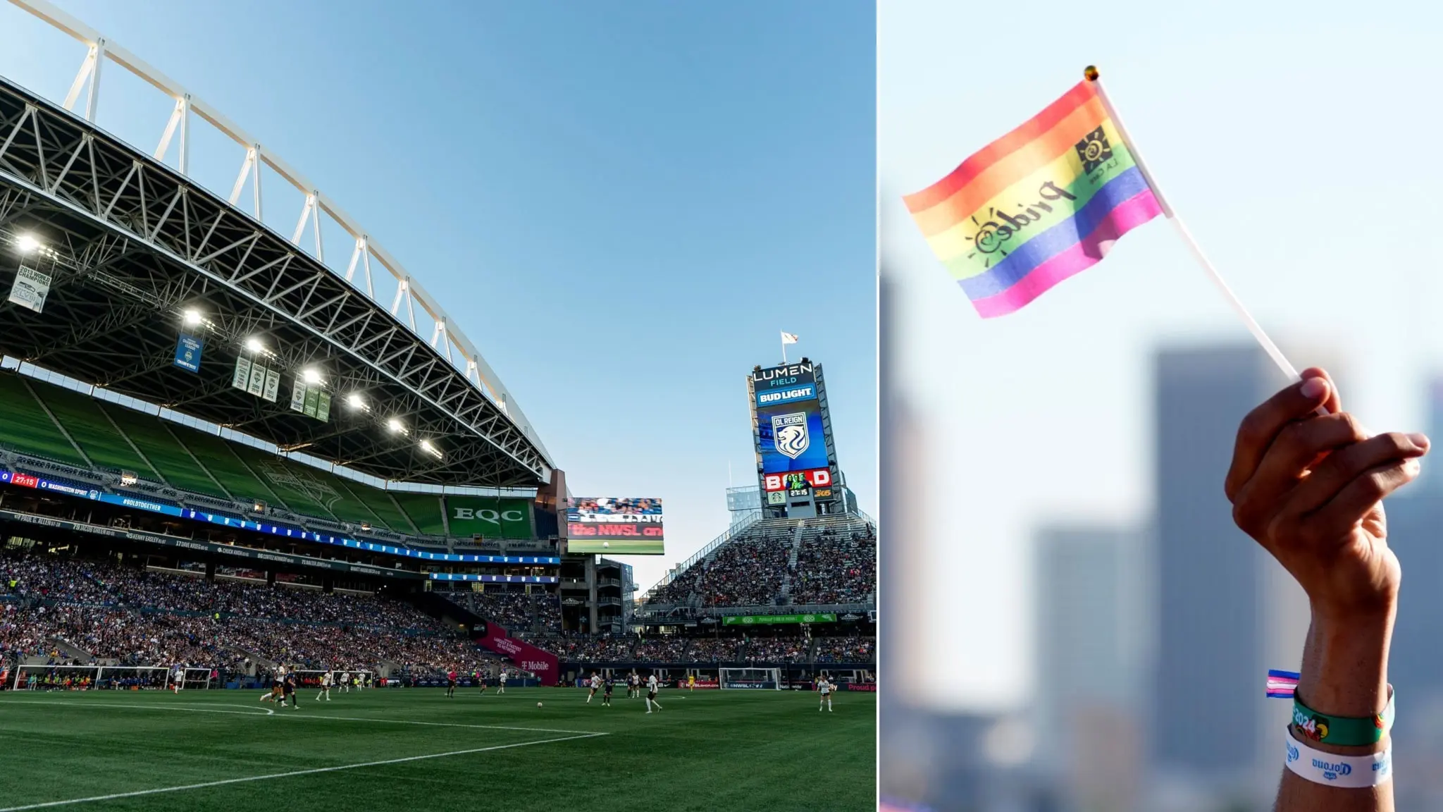 Lumen Field i Seattle och prideflagga. Foto: Ben VanHouten och Chris Pizzello/AP