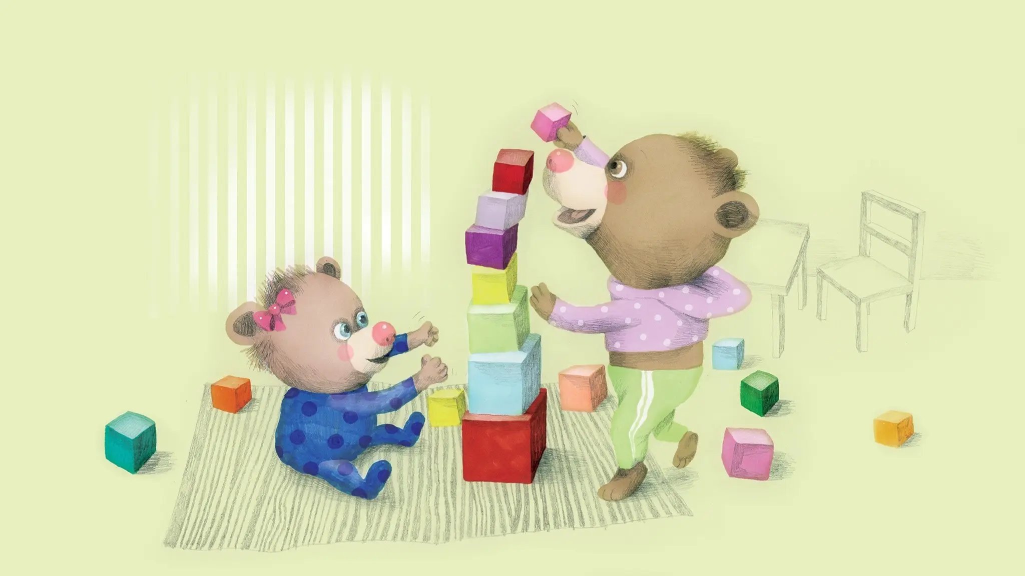 Nalle bygger ett torn av klossar. Bredvid tornet sitter lillasyster. Illustration: Lotta Geffenblad