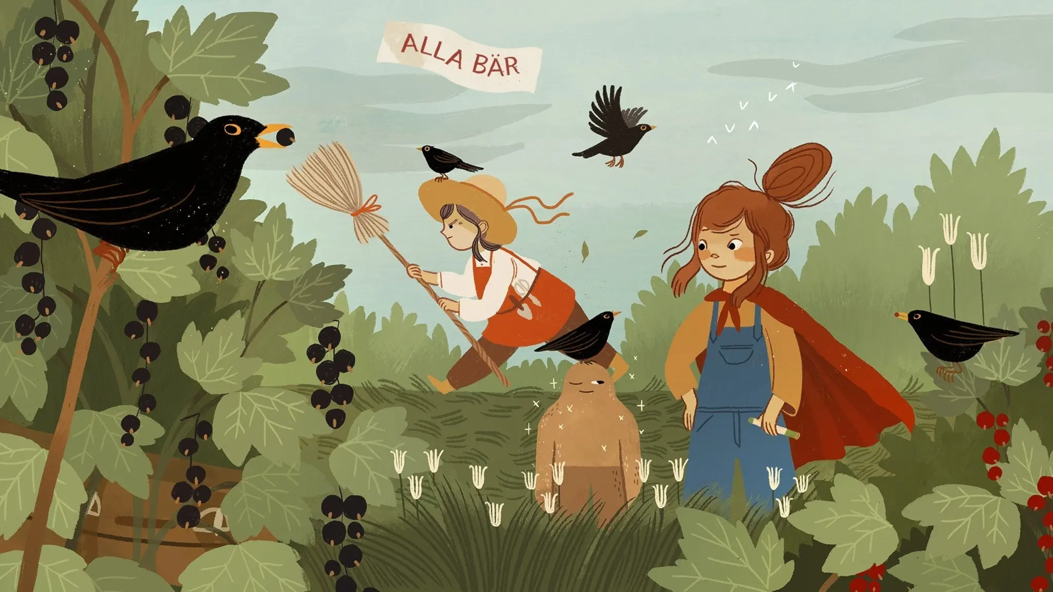 Vilma är i en trädgård som är full av vinbärsbuskar och koltrastar. Hon tittar på en Golem-figur som har en fågel på huvudet. Golem kikar på Vilma med ena ögat lite öppet. I bakgrunden springer en kvinna omkring och jagar fåglarna med en kvast. de äter upp alla hennes bär. Illustration: Cecilia Heikkilä