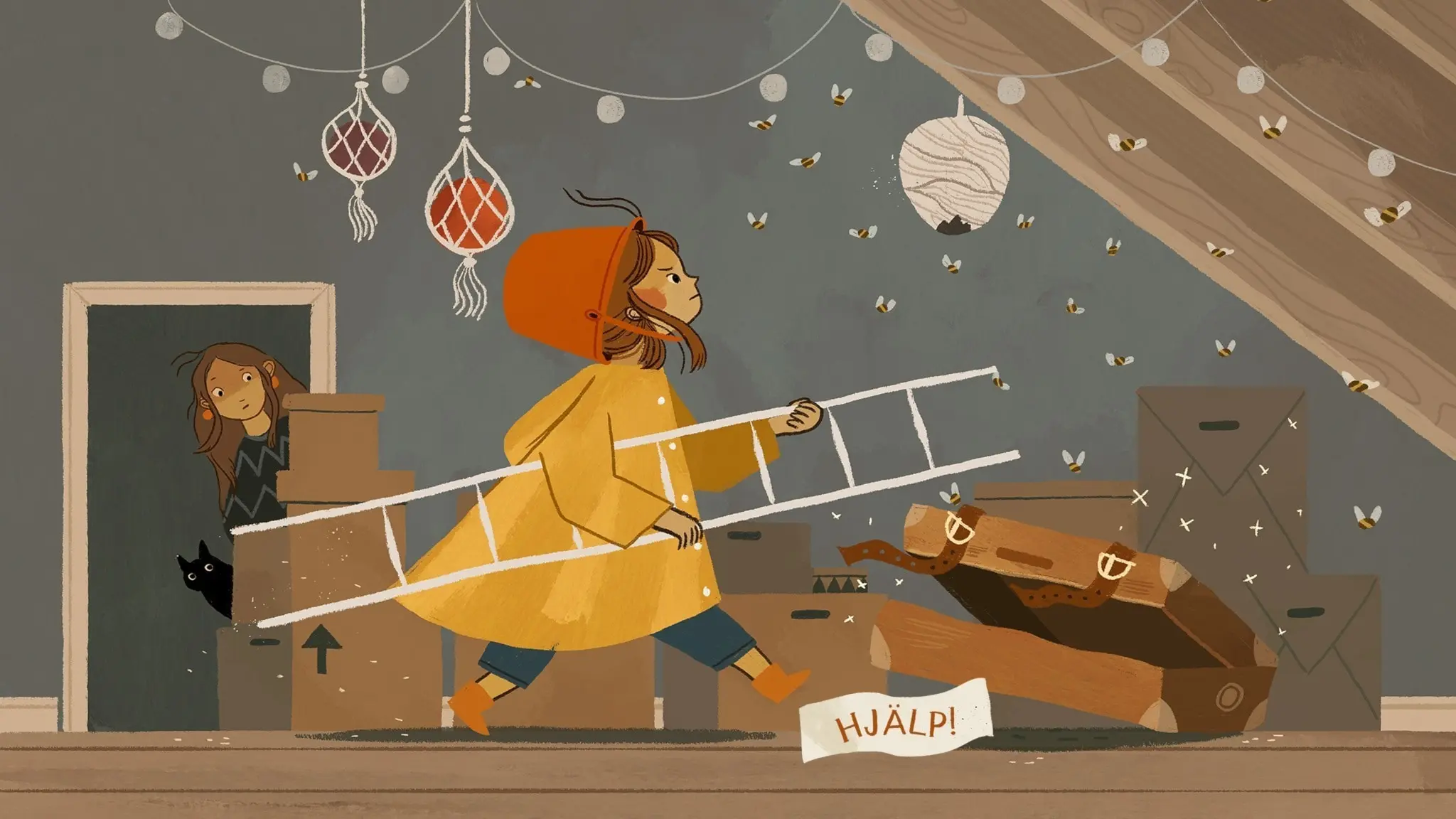 Vilma och resväskan är uppe på moster Anjas vind. Vilma har en hink på huvudet och bär på en stege. Vilma ser beslutsam ut. Väskan ser upprörd ut, på en lapp vid väskan syns ordet HJÄLP. I taket ovanför väskan sitter ett stort getingbo, och många getingar svärmar runt i luften runt Vilma och väskan. Bakom Vilma kikar moster Anja in genom dörren. Illustration: Cecilia Heikkilä