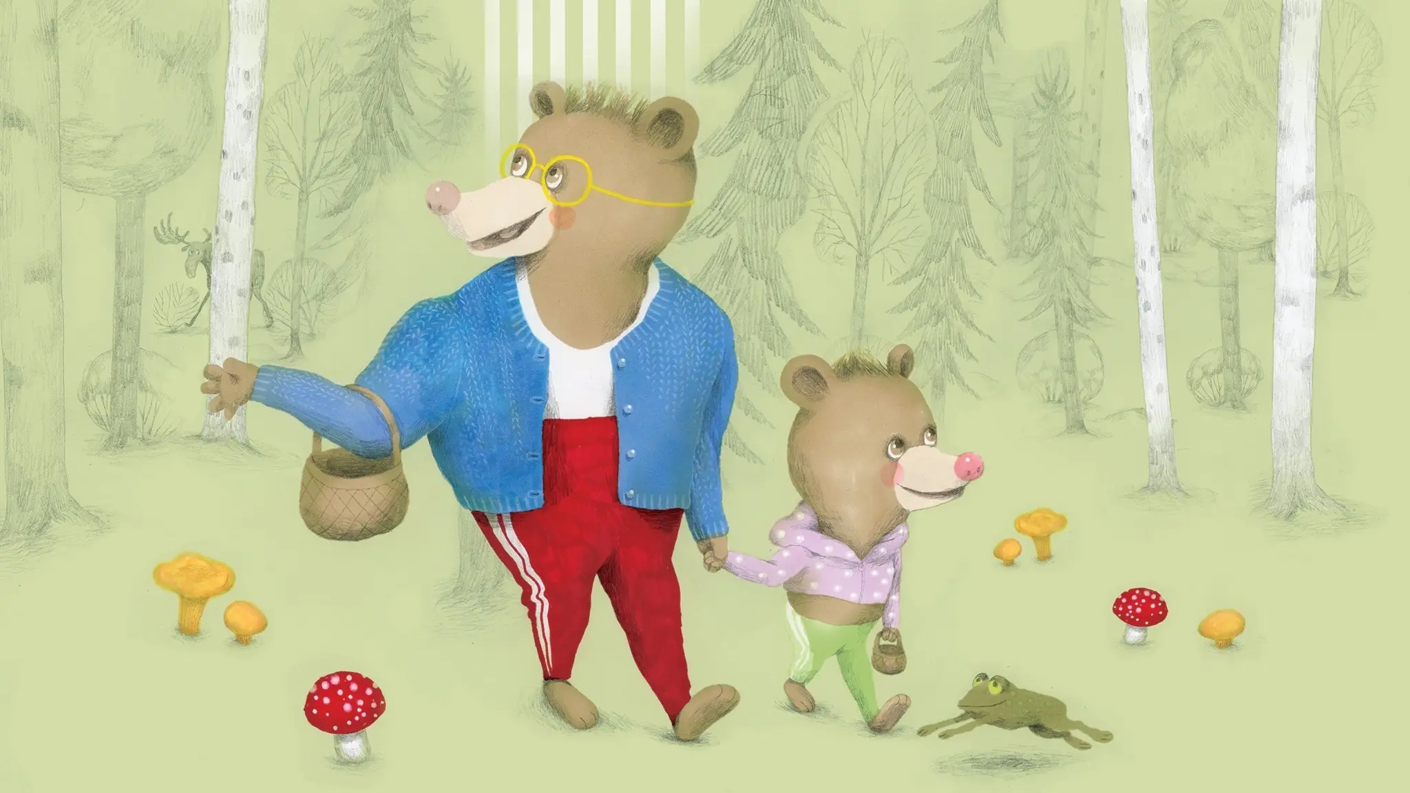 Nalle och pappa går i skogen för att plocka svamp. Illustration: Lotta Geffenblad