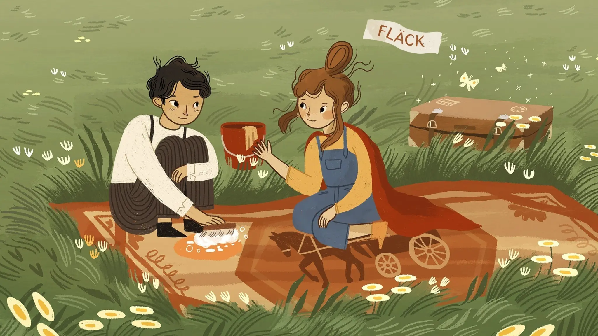 Vilma pratar med pojken Nico. De sitter på en stor gammal matta med bilder på. Mattan ligge rpå en gräsmatta, och Nico håller på att skrubba på en fläck på mattan. Han ser lite orolig ut, och Vilma försöker peppa honom. På mattan syns bilden av en hästvagn. Illustration: Cecilia Heikkilä