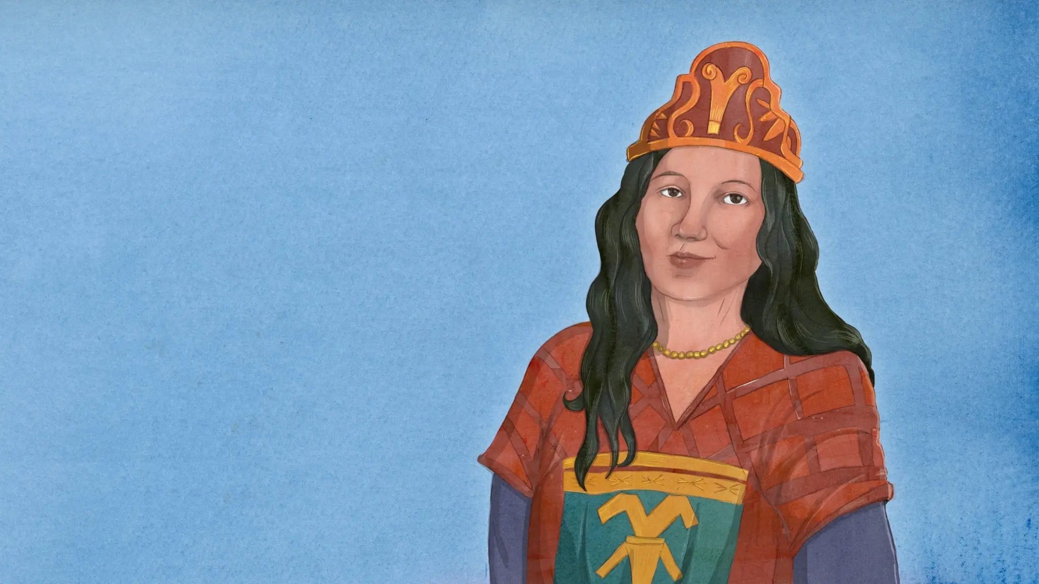 En teckning av Malinche, en historisk person. Hon bär traditionella kläder med ett mönstrat huvudstycke och ett halsband. Hon har en röd dräkt med ett dekorativt mönster på bröstet. Bakgrunden är ljusblå.
Malinche i Historierummet. Illustration: Charlotte Heyman