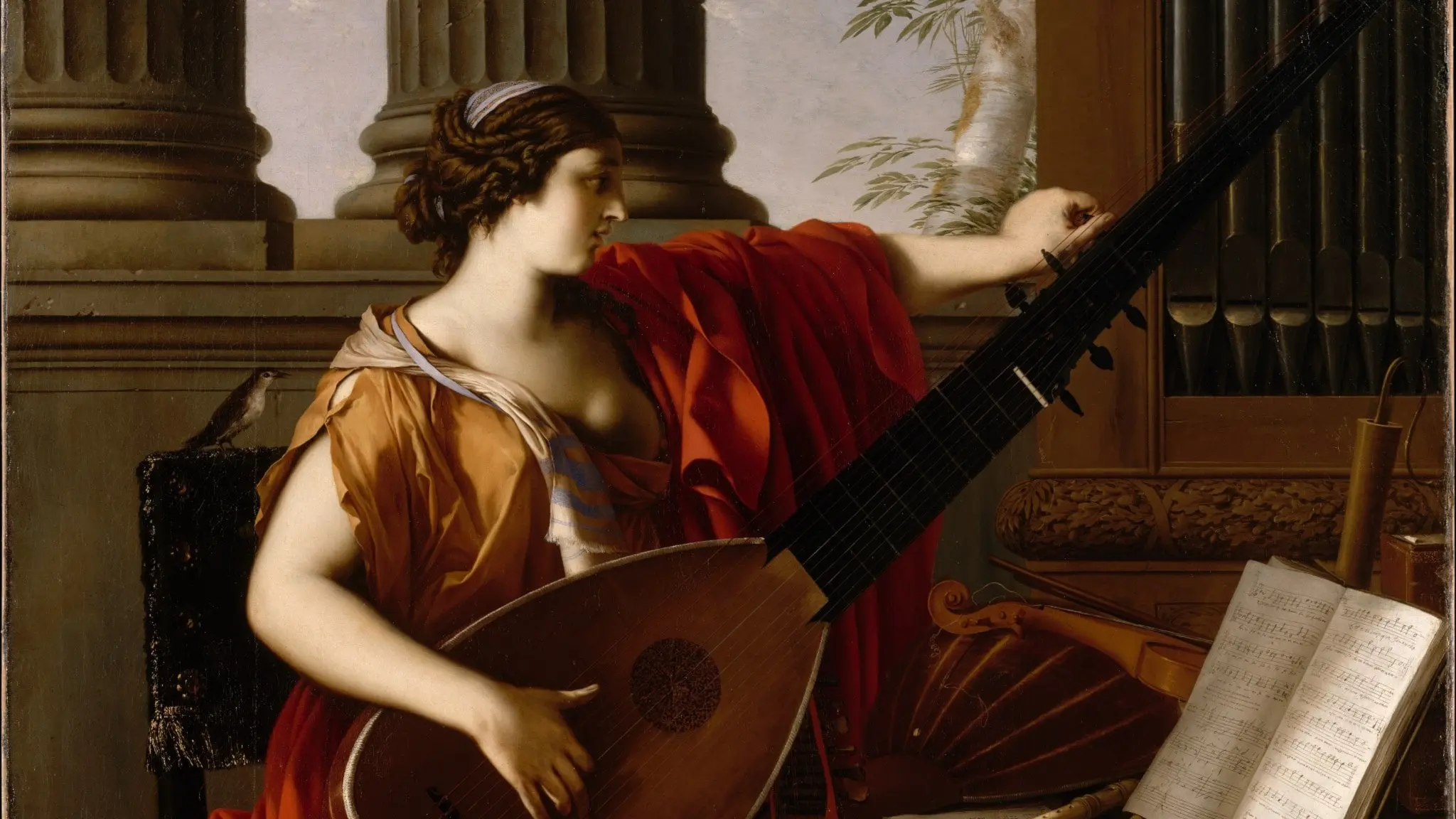 Allegory of Music av fransmannen Laurent de La Hyre (1649). Kvinna vid partitur med luta.