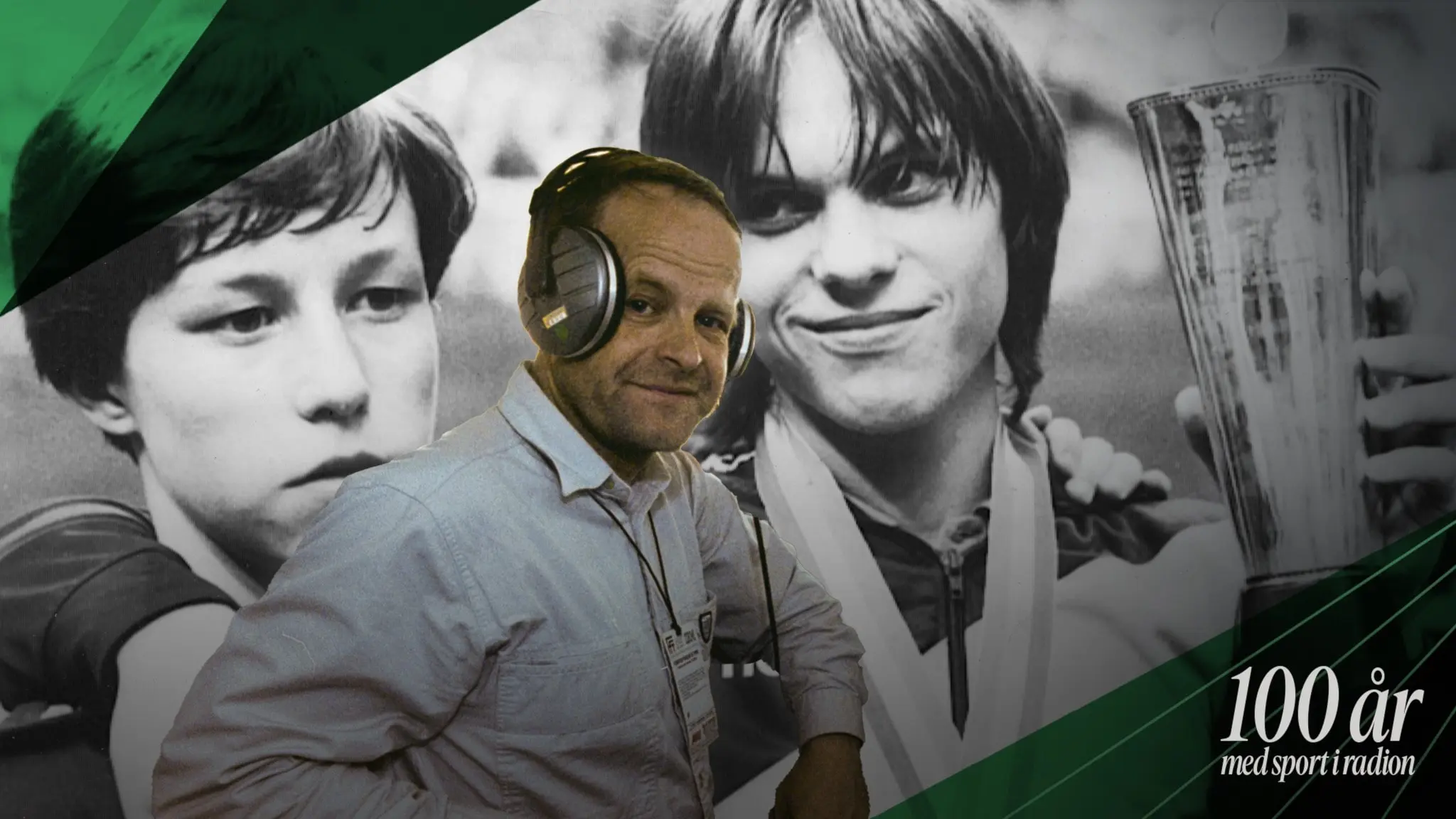 Radiosportens reporter Mats Strandberg framför en bild på Jan-Ove Waldner och Mikael Appelgren 1982.