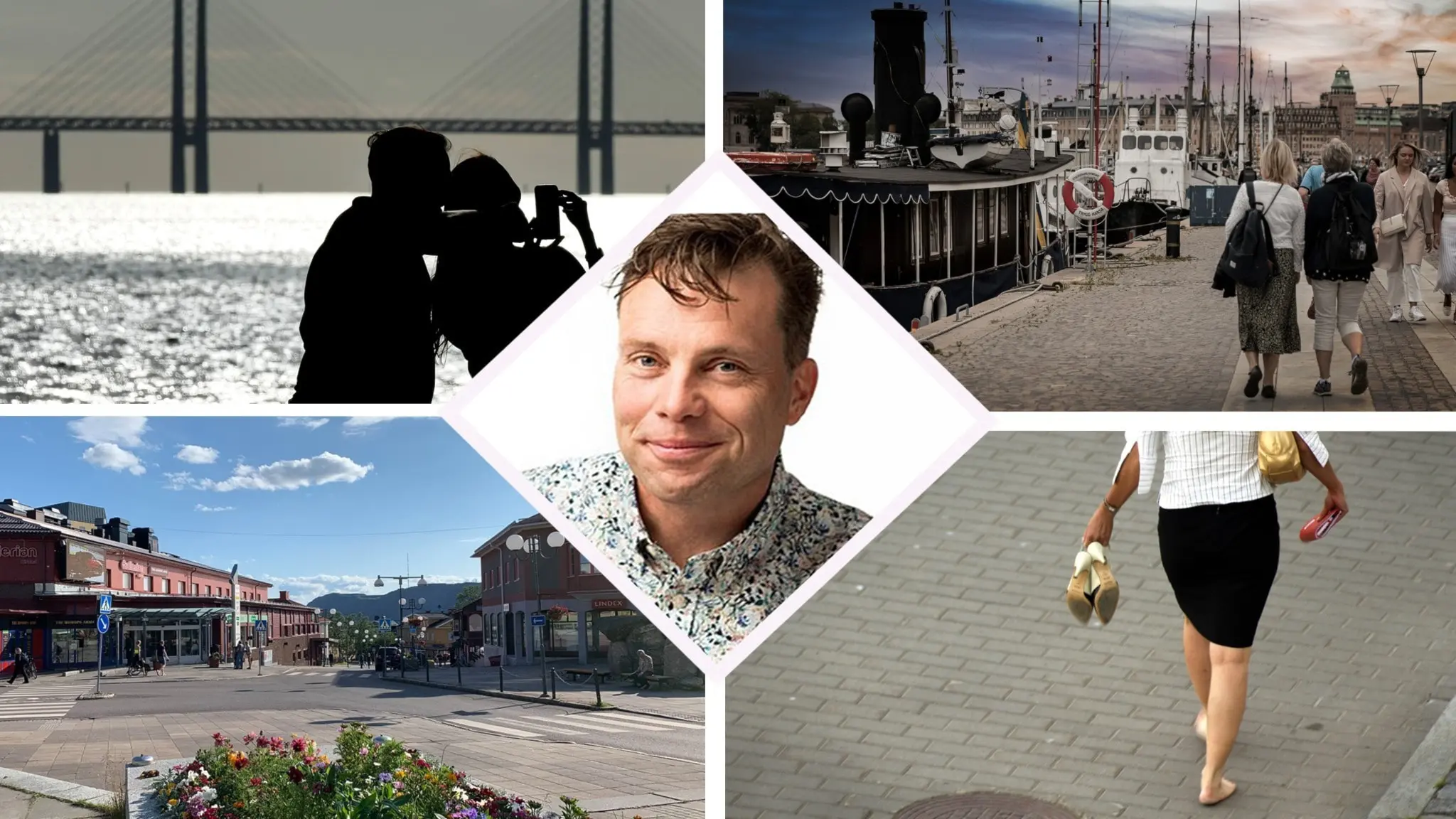 Ett kollage av olika stadsbilder där folk vandrar och ett porträttfoto av Henrik Olsson