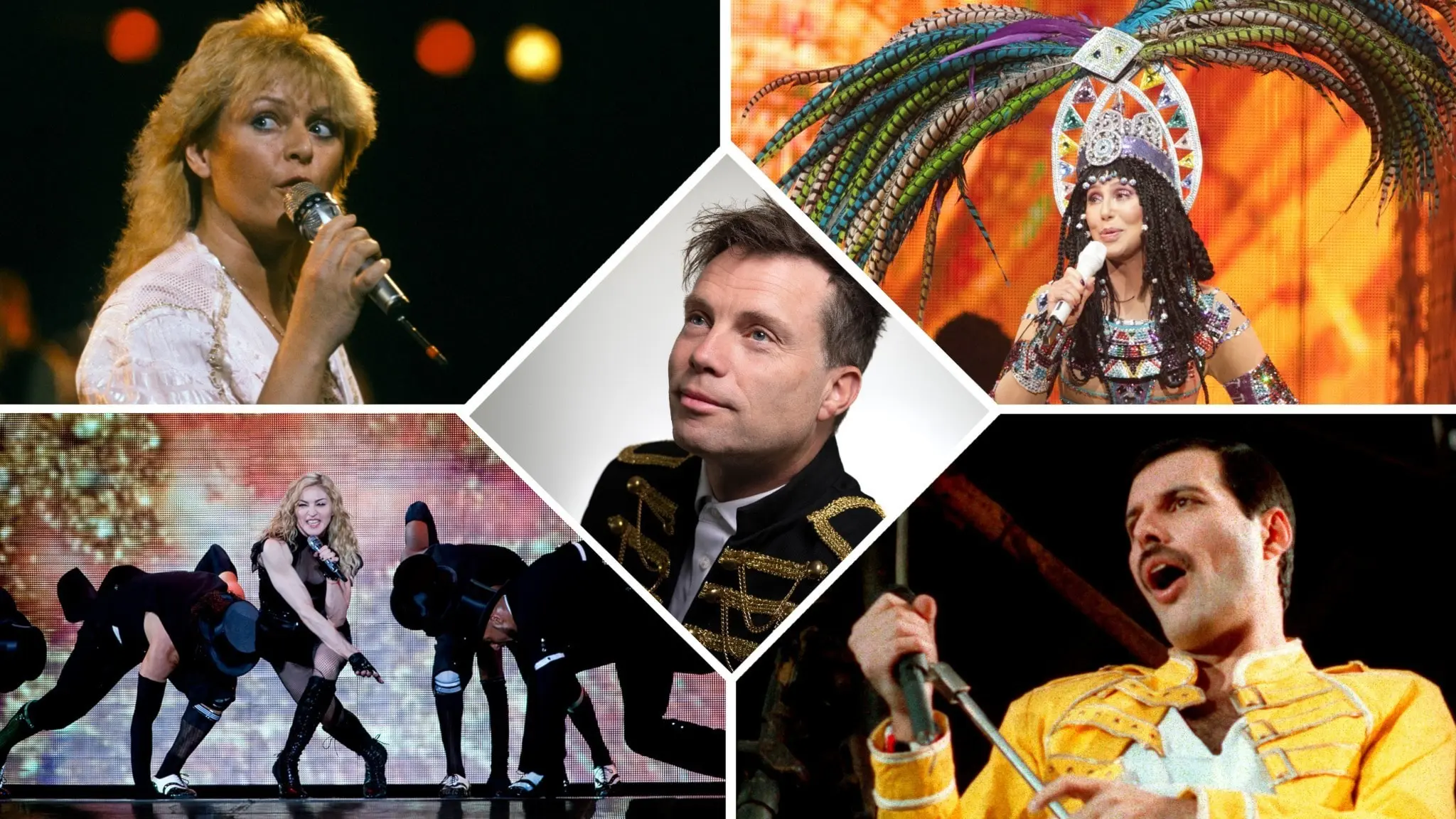 Kikki Danielsson, Cher, Madonna, Freddie Mercury och Henrik Olsson, femdelad bild