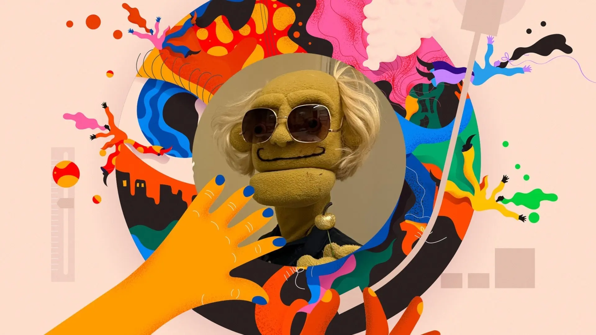 En illustration visar en färgglad vinylskiva. Två händer lägger skivan på plats i en vinylspelare. I mitten av skivan syns ett foto på dockan Tord. Han har gult ansikte och en smal mörk mustach och stora mörka solglasögon och en mörk kavaj. I en handen håller han ett litet guldäpple. Håret är blont och lockigt på sidorna och når ner i munnens höjd och huvudet är kalt på hjässan.