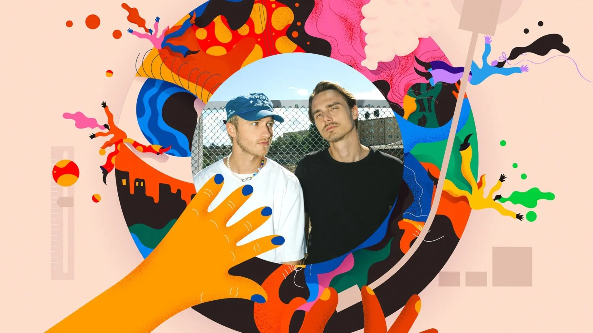 En illustration visar en färgglad vinylskiva. Två händer lägger skivan på plats i en vinylspelare. I mitten av skivan syns ett foto på duon Moontalk som består av Edwin och Lukas. De står utomhus och Edwin har en blå keps och vit t-shirt och Lukas har brunt hår och en mörk långärmad tröja. I bakgrunden syns ett stängselnät.